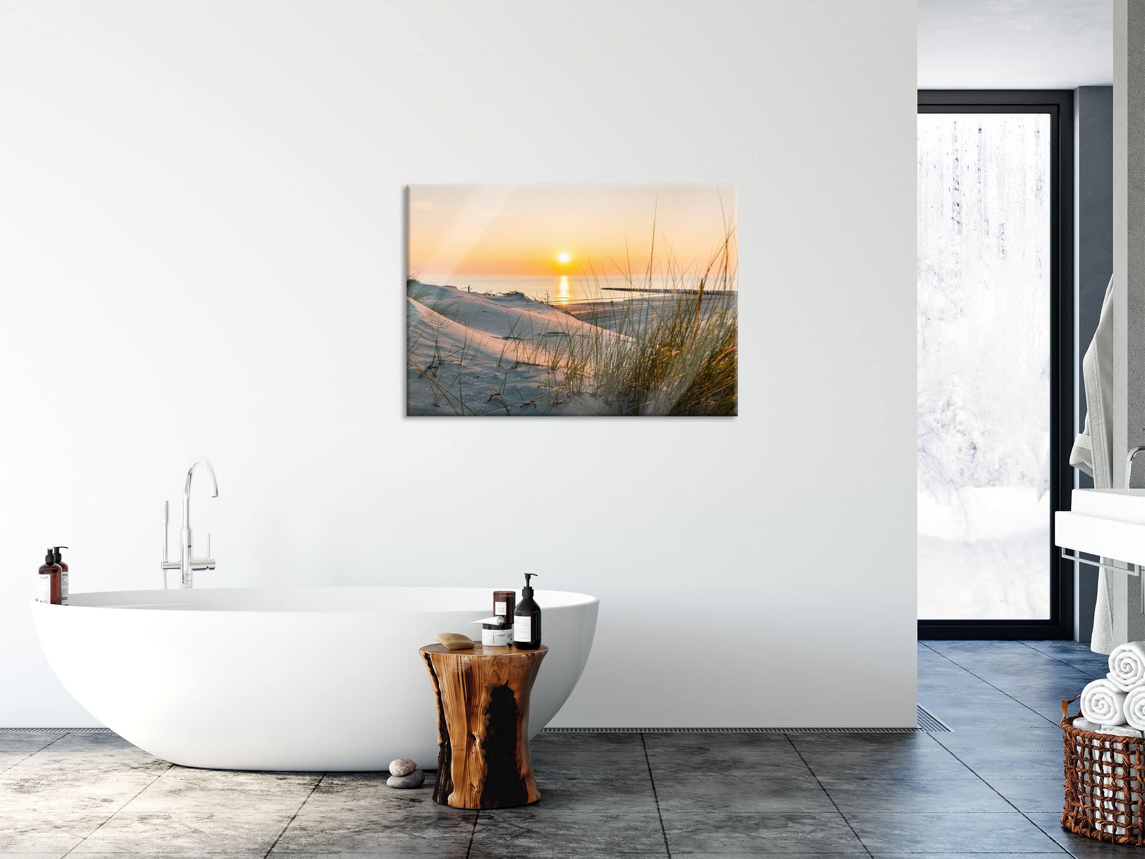 Pixxprint Glasbild, Wandbild aus Echtglas, Dünenblick auf Meer bei Sonnenuntergang, 80x60 cm, inkl. Aufhängung und Abstandshalter