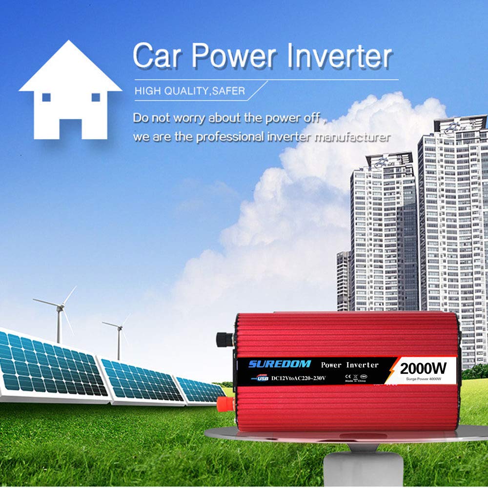 Falownik 1000 W DC 12 V do 110 V/240 V AC z uniwersalnym gniazdem, gniazdami AC i portem USB, kablem zapalniczki samochodowej i zaciskami akumulatora 12 V do 110 V (24 Vto230V)
