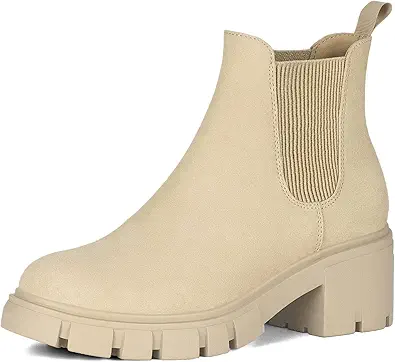 Athlefit Women's Chelsea Boots Fashion Lug Sole Chunky Heel Slip on Elastic Ankle Booties