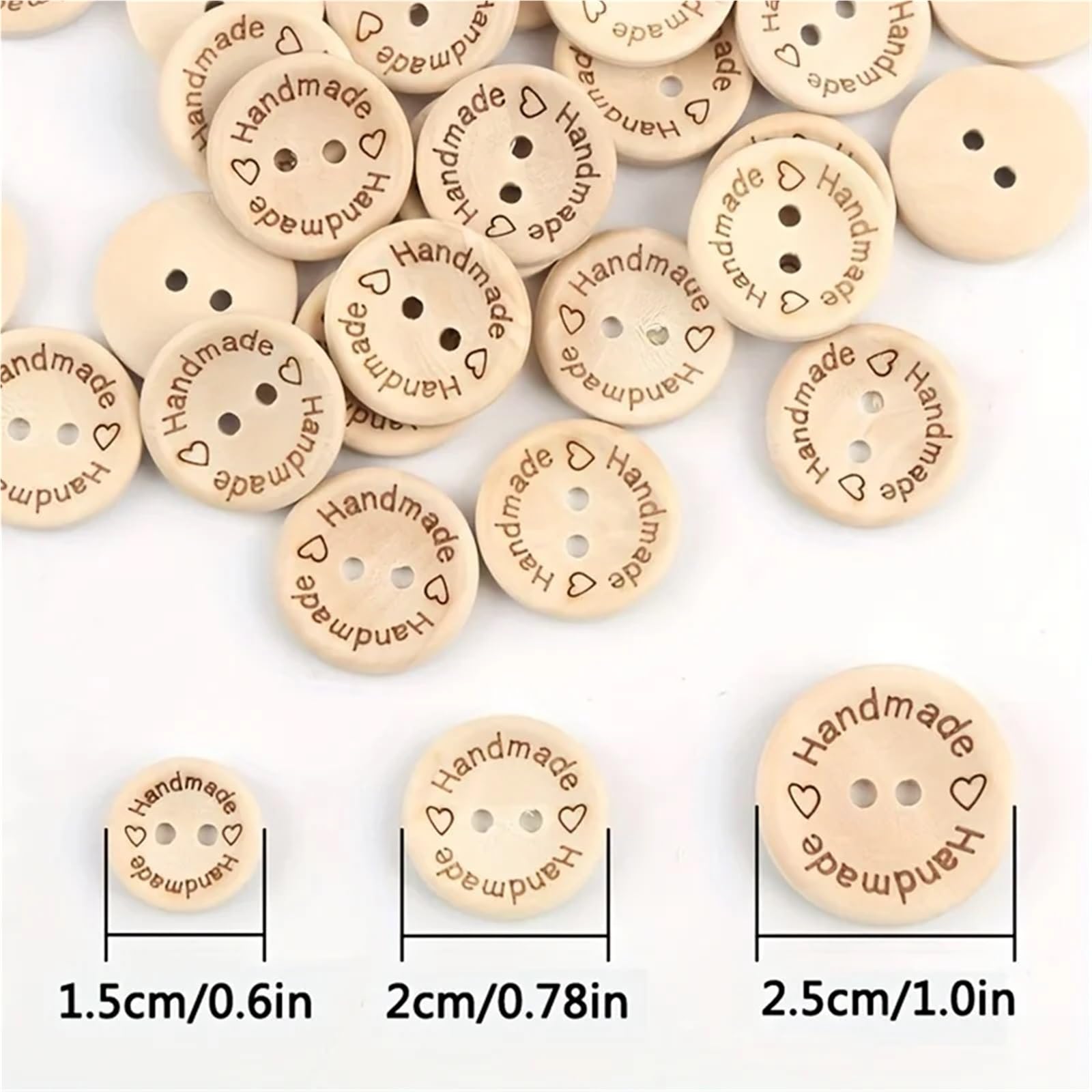 150 bonitos botones de madera con 2 agujeros para coser y accesorios de ropa (con amor, 20 mm)