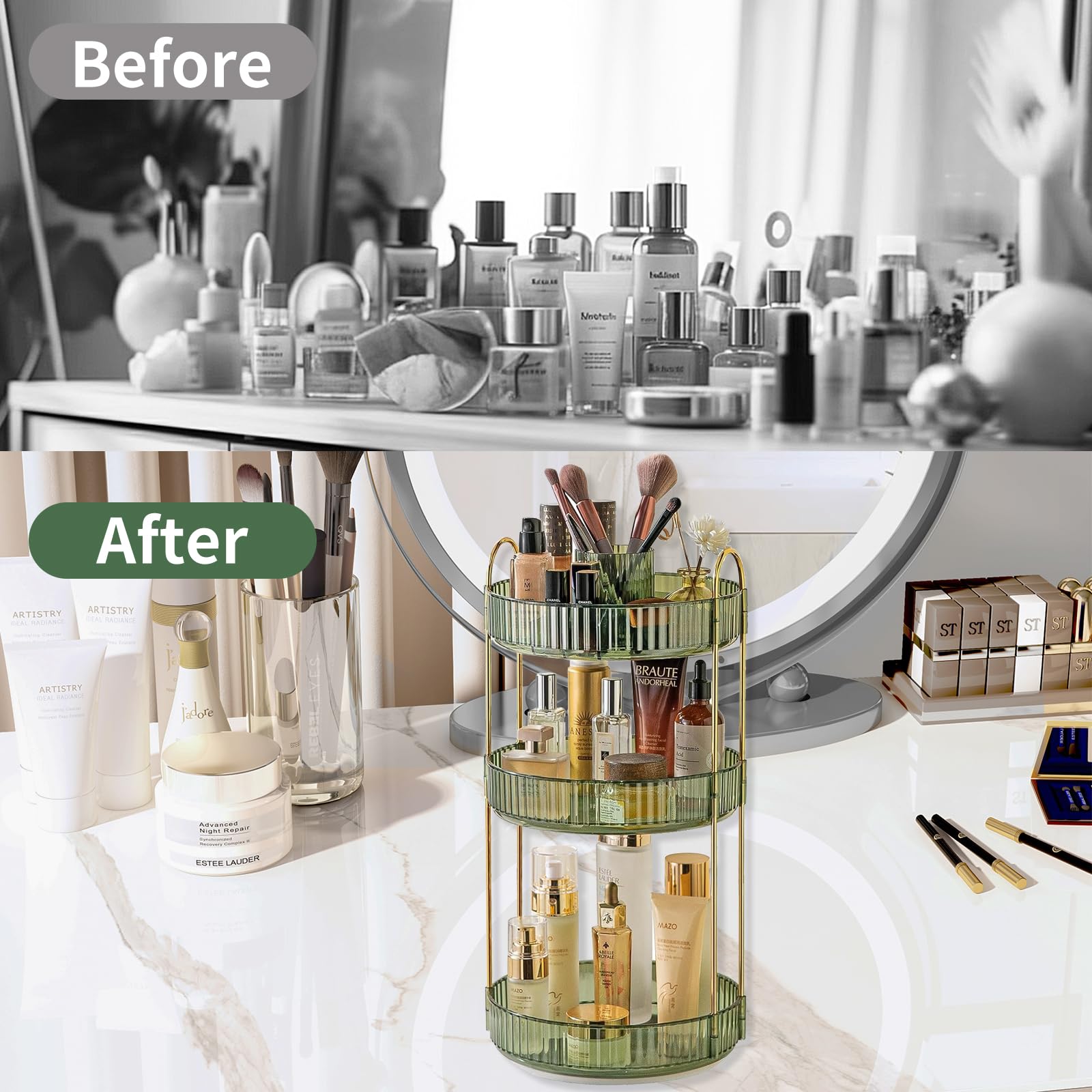 Asayuee Organizador de maquillaje giratorio de 360 grados, organizadores de maquillaje de gran capacidad de 3 niveles y almacenamiento, organizadores de tocador de perfume para el cuidado de la piel