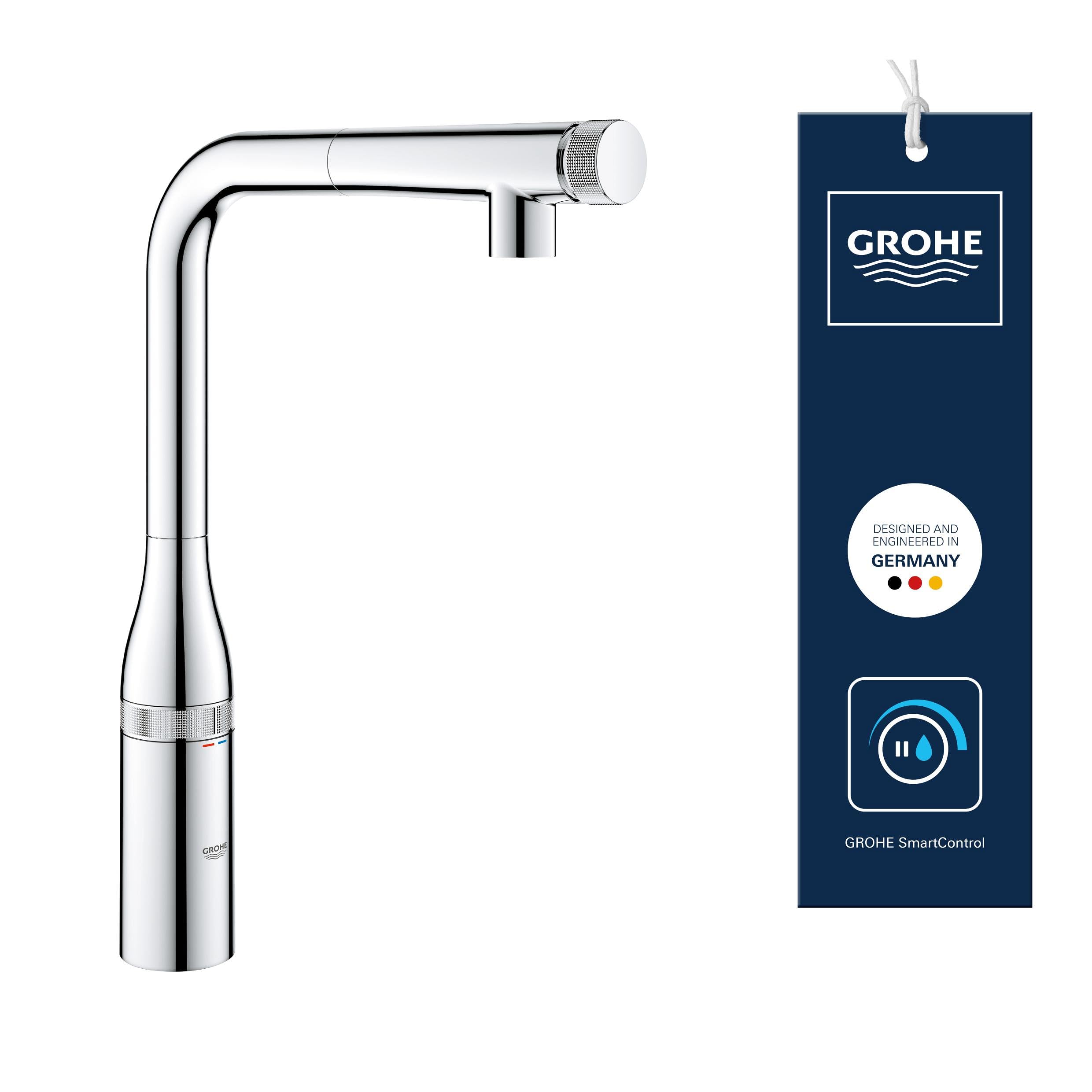 Grohe Men's Chrome Essence Smartcontrol Pull-Out Kitchen Tap (High L-Spout, 140° Swivel Range, Water-Saving, Push For On-Off, Turn For Volume And Temperature Adjustt, 3/8 Inch Tails), 31615000