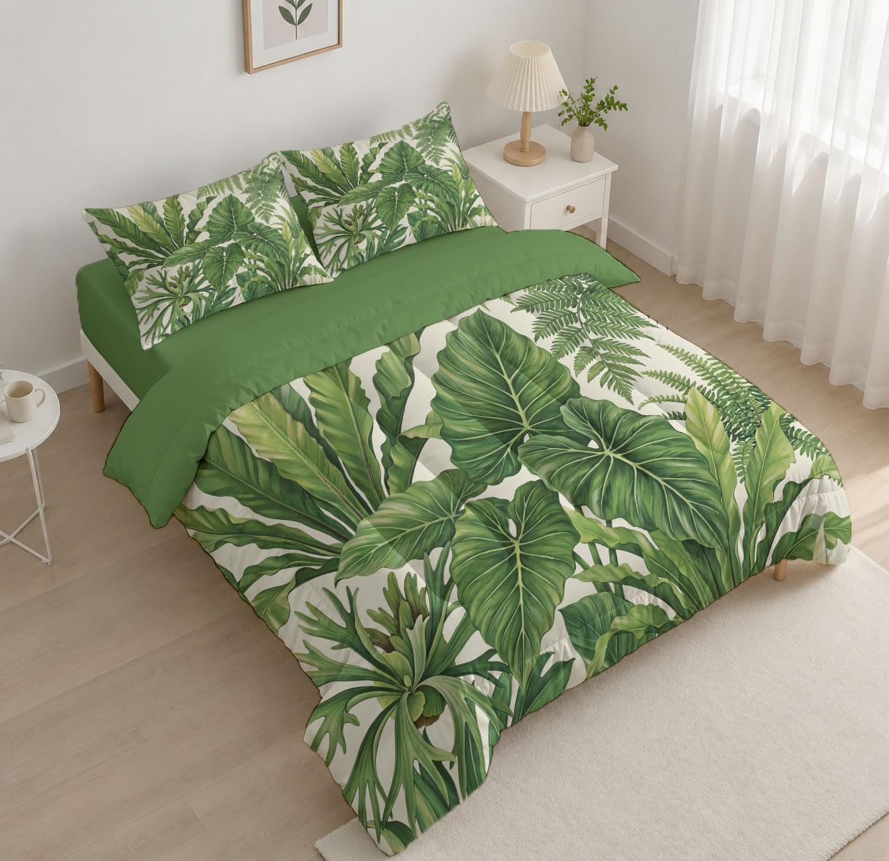 Piumone 2-In-1 Letto Singolo 140X200 Cm Poster Di Piante Naturali | Trapunta E Piumino Reversibile 4 Stagioni, Felci Foglie, Copriletto Lavabile Morbido Leggero, Verde Salvia