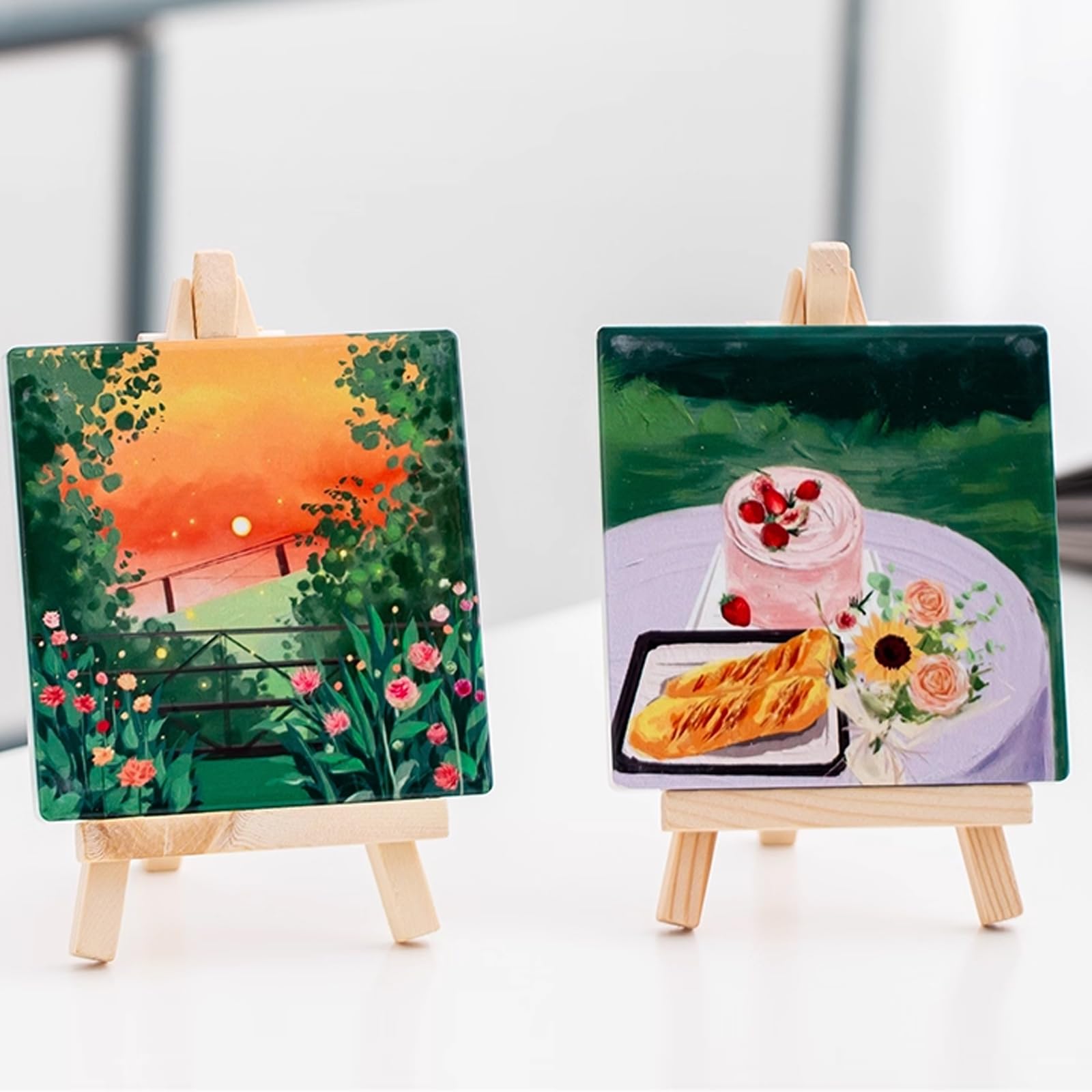 6 PzTela per Dipingeres, Mini Tele per Dipingere Cotone, Arte Tele da Dipingere Tavola Tela Bianca 10 x 10 cm Pittura su Tela per Olio ed Acrilico + 6 Cavalletto in Legno,4 Pennelli,2 Set di Colori