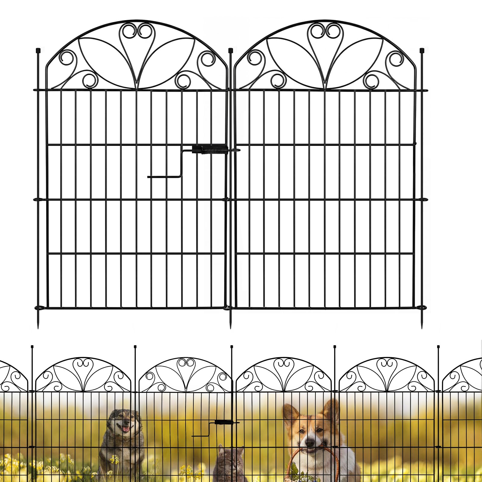 Photo 1 of 12 Panels No Dig Garden Fence with Gate, 32" H x 22.4ft, Decorative Metal Animal Barrier Dog Fence Outdoor for Yard, Walk-Through Iron Fencing for Flower Bed, Patio & Lawn