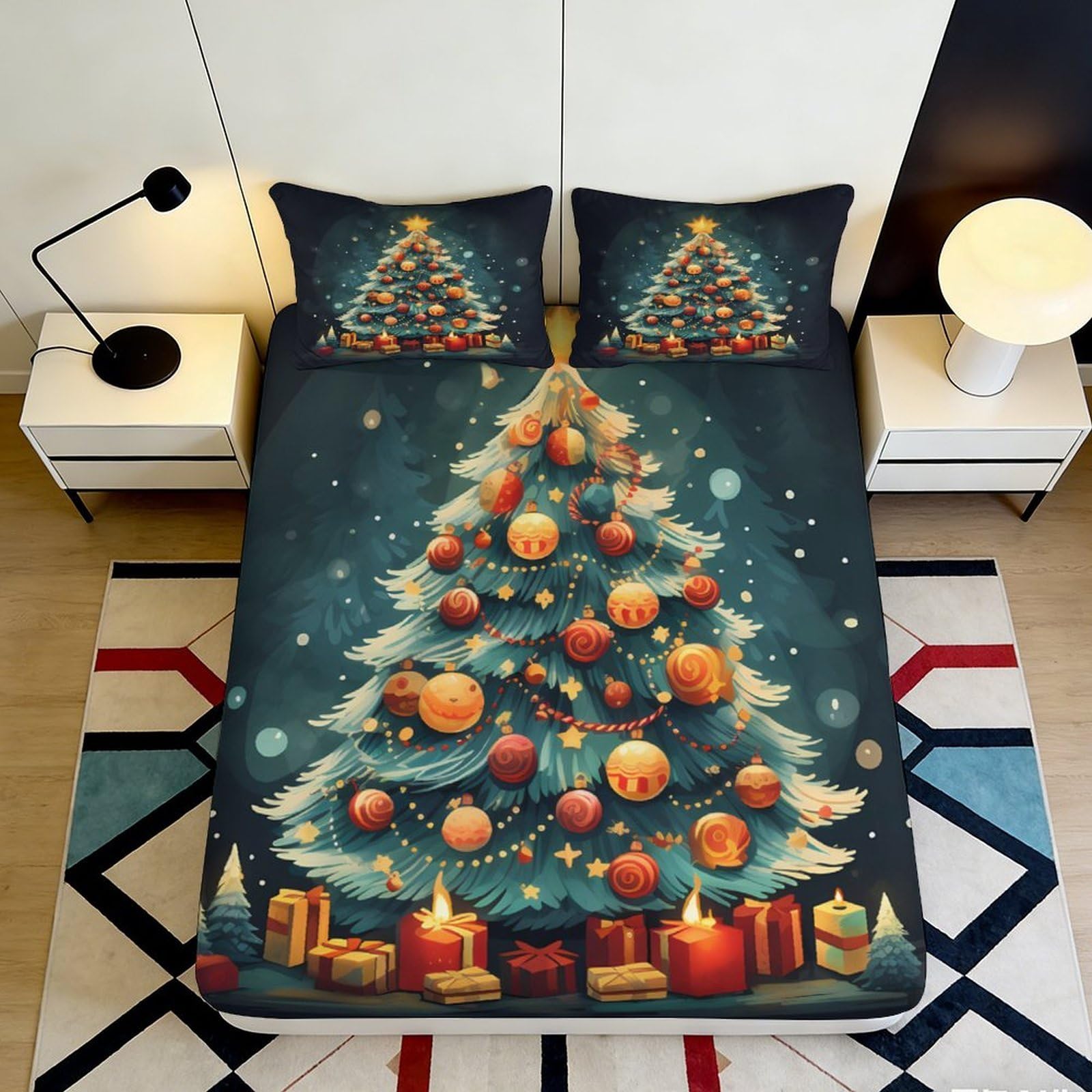 3D Printed Christmas Tree Fitted Sheet Microfiber Deep Pocket Elastic Hem Christmas Tree Mattress Fitted Cover Bedroom 140x200x25cm