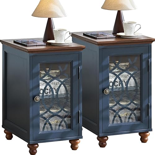 Miniatura 1 de Juego de 2 mesas laterales estrechas con puerta de granero de cristal, mesita de noche de 18 x 14 pulgadas con estante ajustable, organizador de