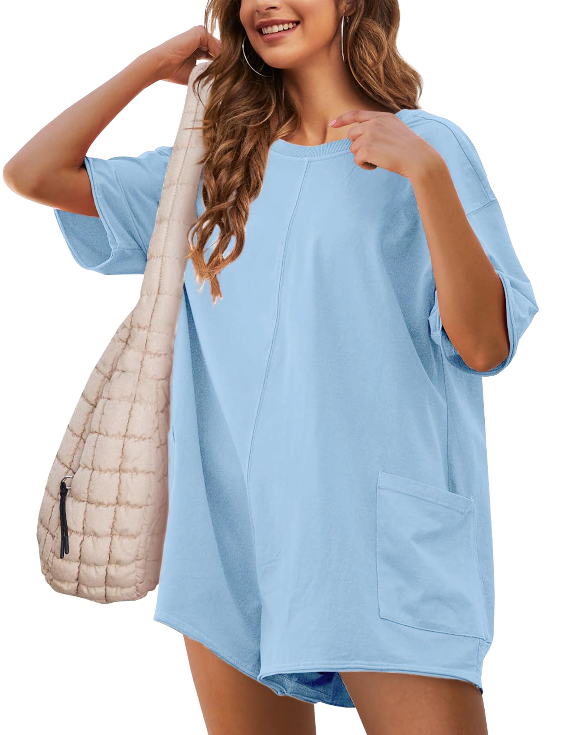 LTSCNRM Womens Tee Rompers Casual One Piece Hot Shot Oversized Overall Short Sleeve Reversible Athletic Workout Pockets