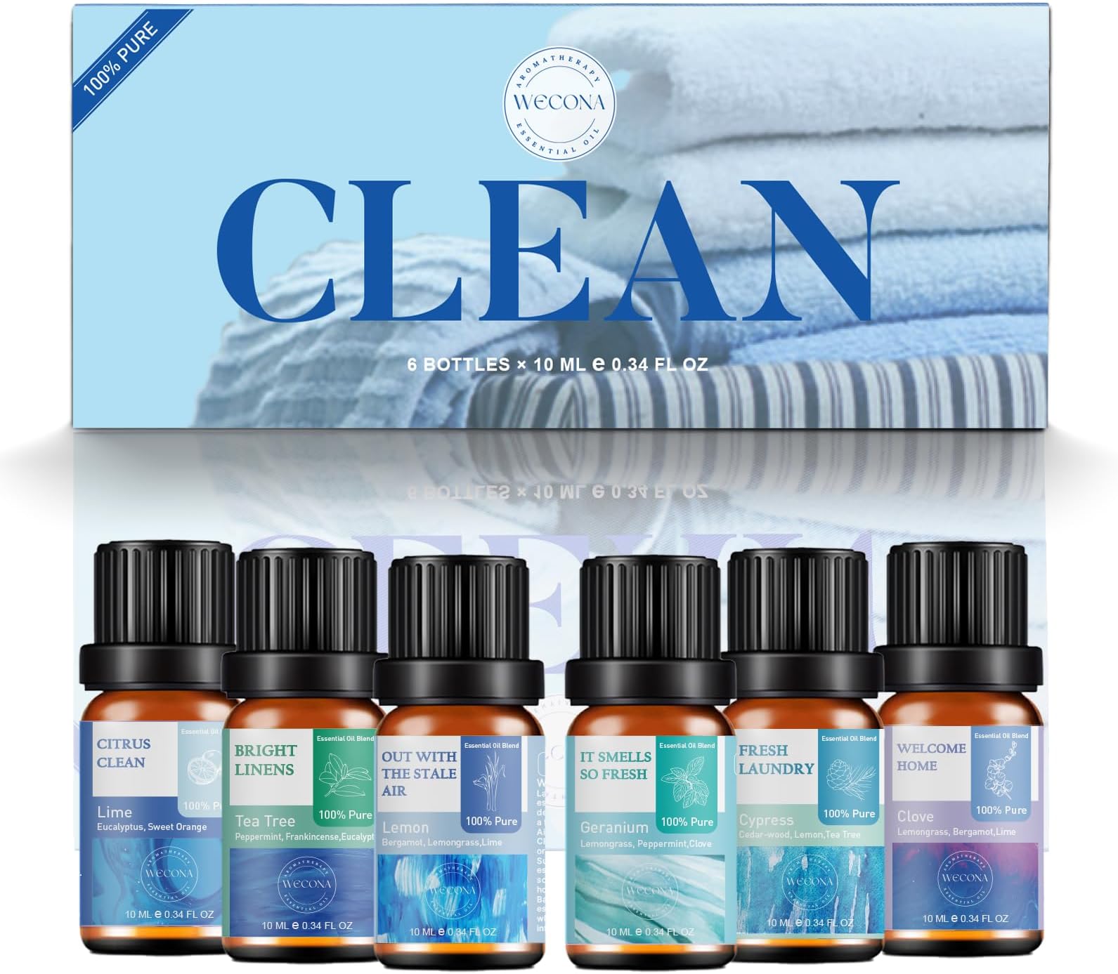 Wecona Essential Oils for Laundry - 100% Pure Essential Oils for Diffusers for Home,6x10ml(Clean)- Aromatherapy Oils for Humidifiers,Wool Dryer Balls,Clean Linen