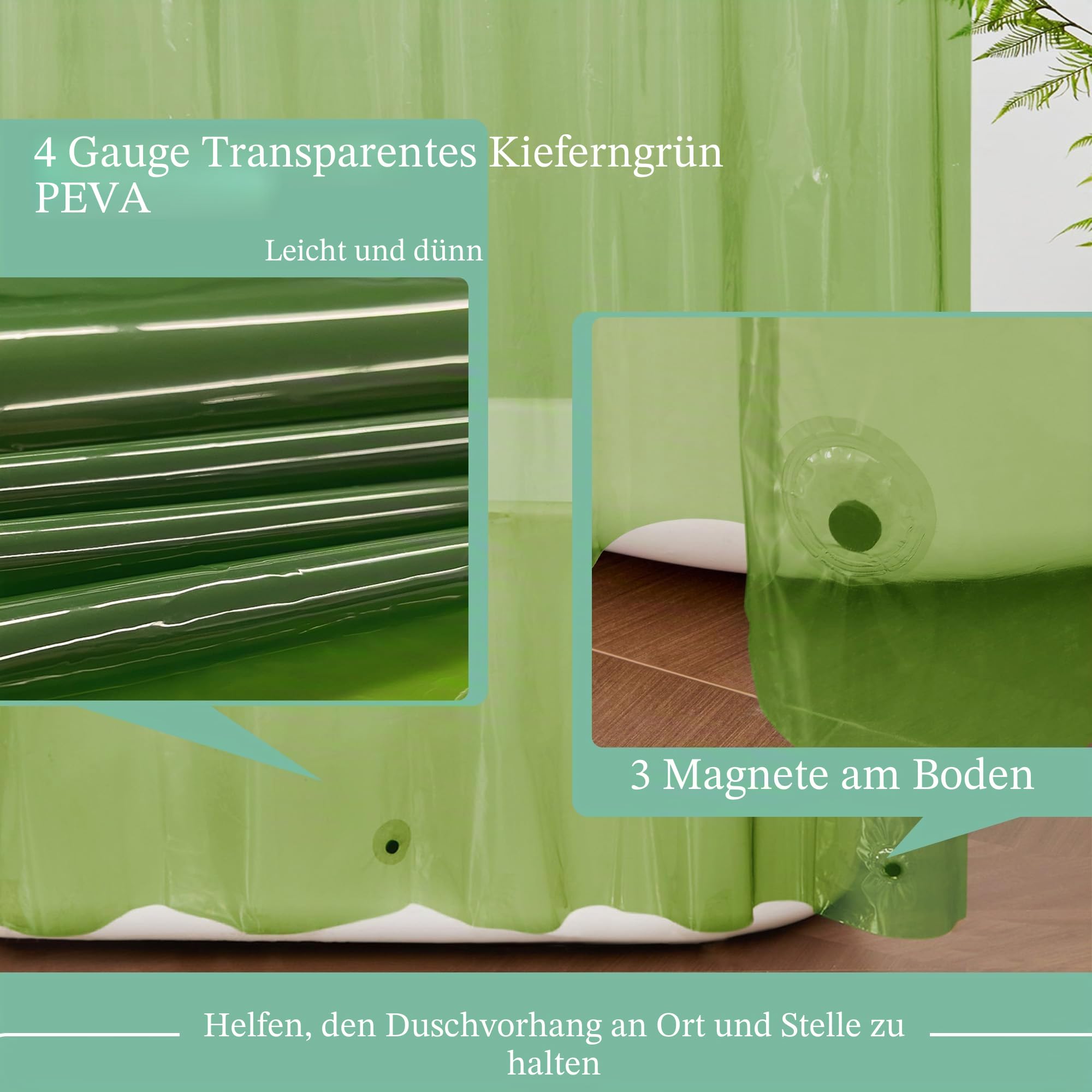 Mrs Awesome Transparenter grüner Duschvorhang mit 3 Magneten, 182,9 x 182,9 cm, hochwertiger, Flexibler Stabiler Kunststoff-Duschvorhang für Badezimmer, wasserdicht, Grün transparent