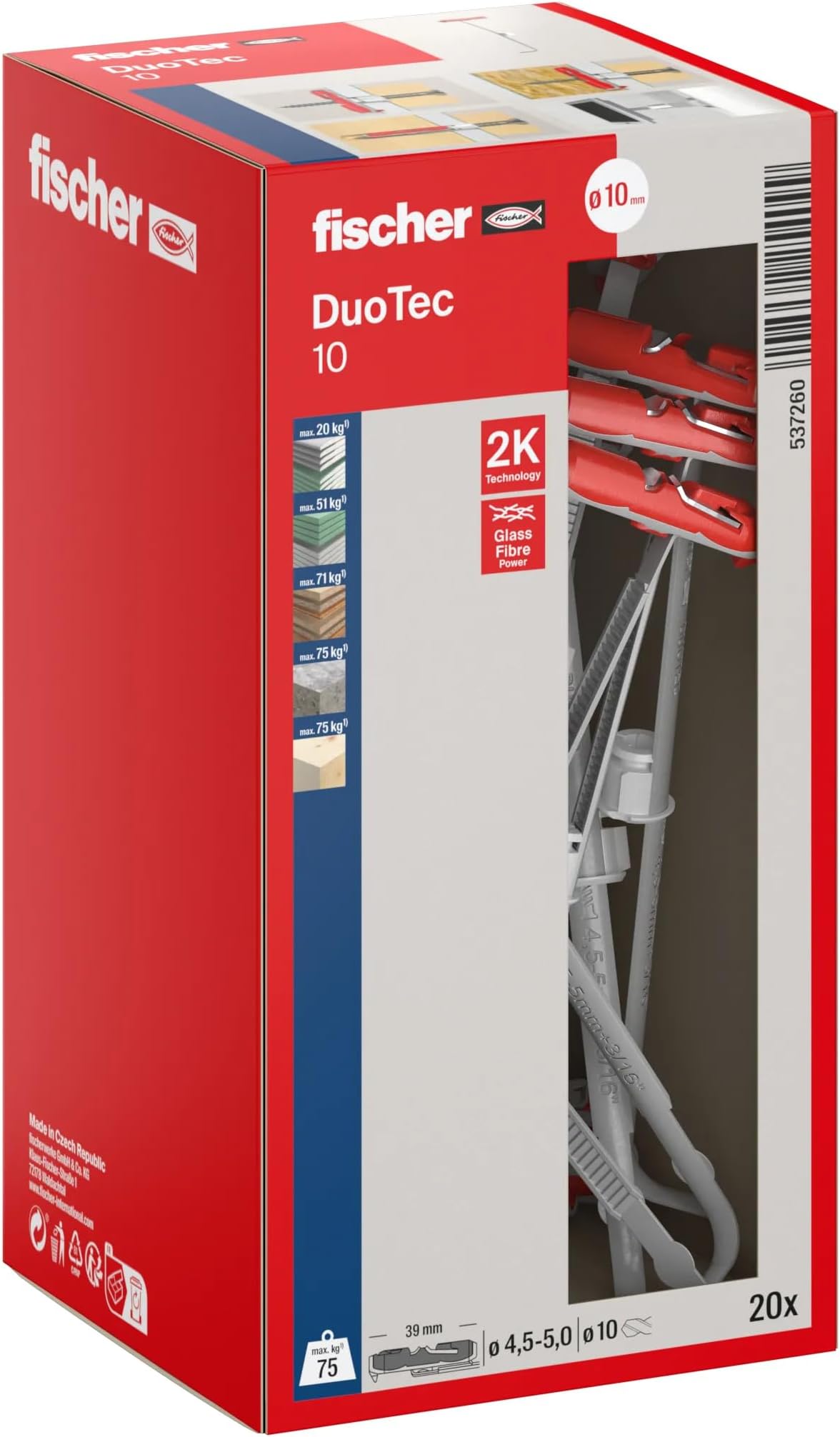 Fischer 537260 Cavity Fixing, Red/Grey, DUOTEC 10, Set of 20 Pieces