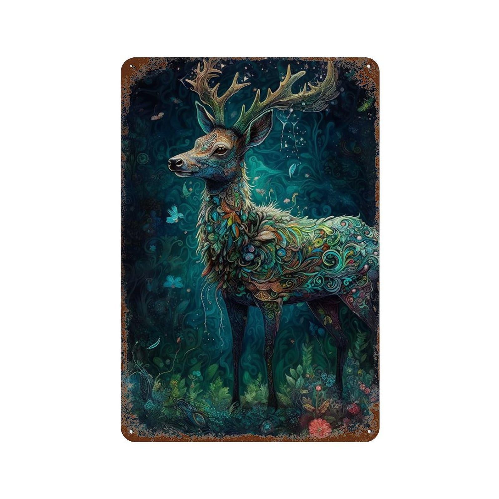 Deer Floral Vintage Rust Metal Sign 11.8"x7.9", Ideal for Cafe, Home Bar And Lounge Decor
