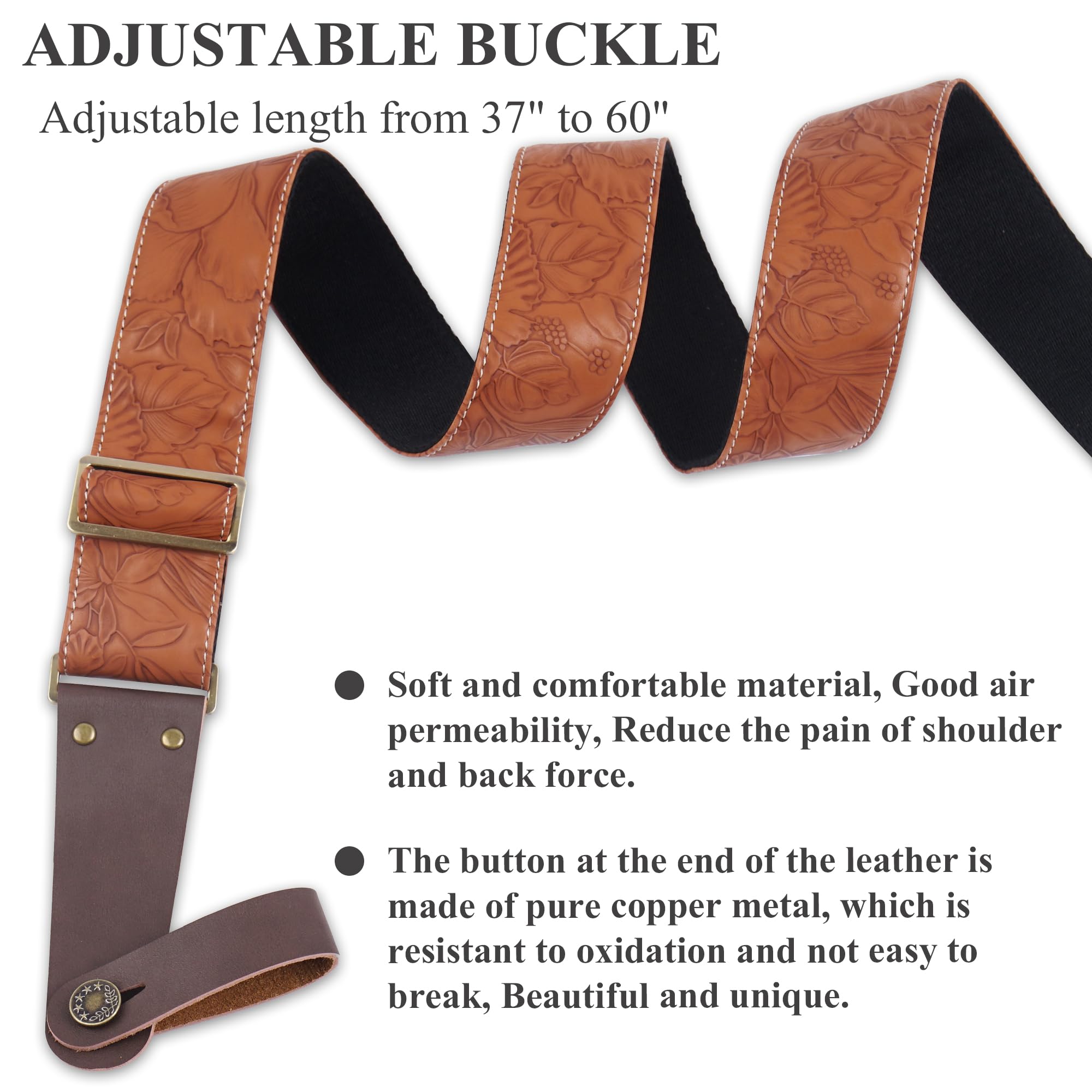 Czzmy Adjustable Guitar Strap Includes 2 Strap Locks & 2 Matching Picks.Leather ends Guitar Shoulder Strap Suitable for Acoustic Guitar,Electric Guitar,Gift for Guitarist(1-Carved Light Brown) - Image 3