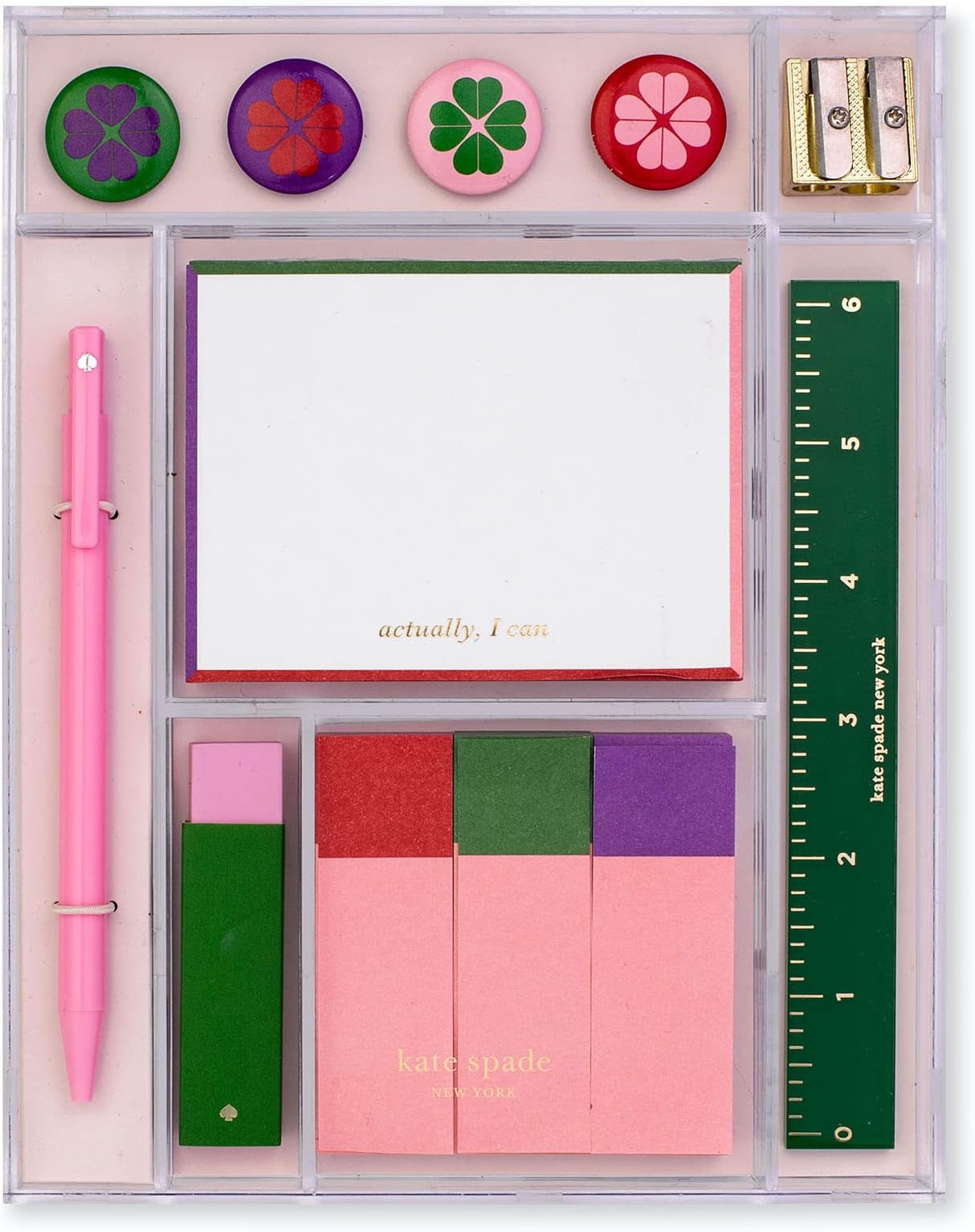 Cute Office and School Supplies Set, Desk Organizer Includes Ruler, Pen, Pencil sharpener, Eraser, 3 Sticky Note Flags, Notepad, and Magnets
