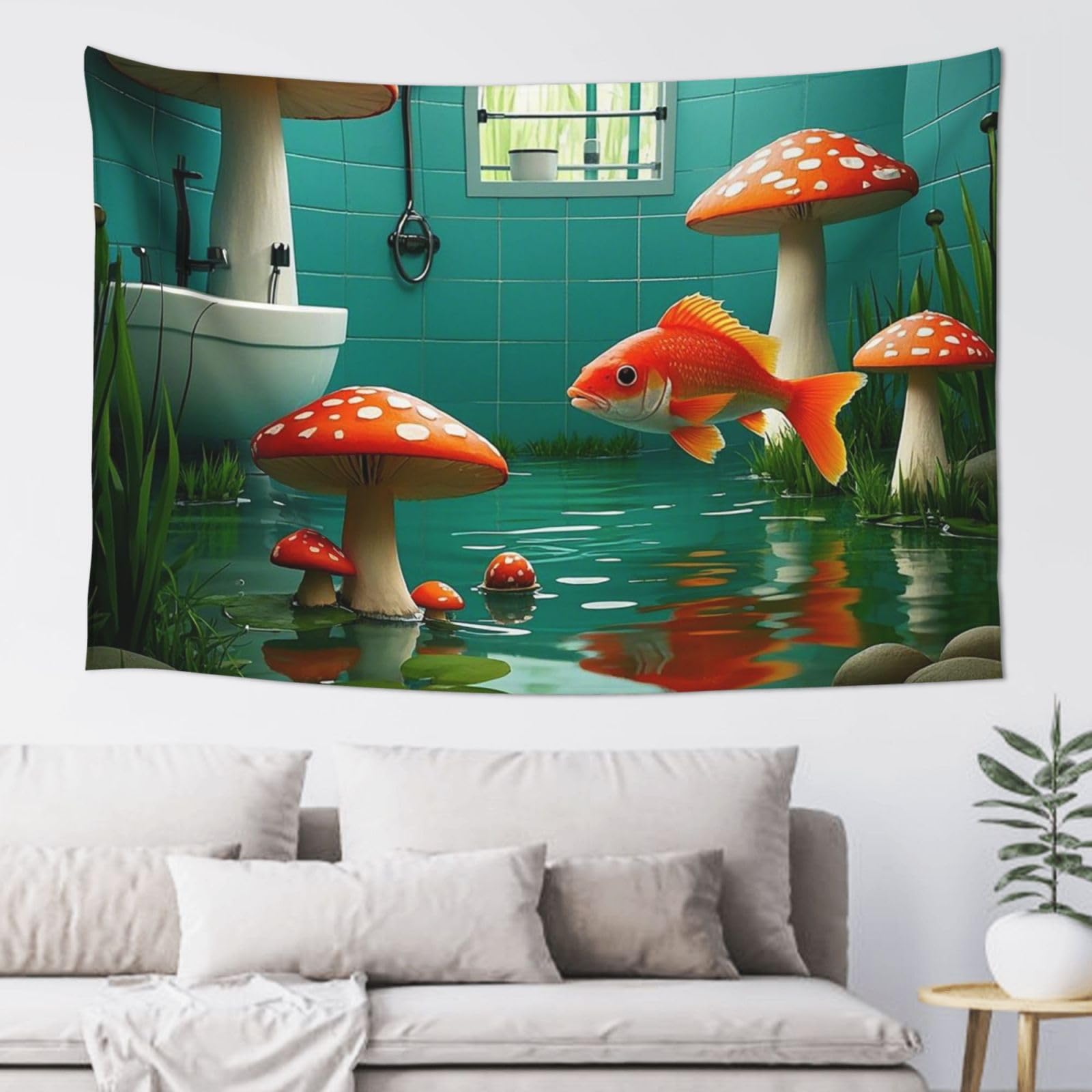 Redfish and Mushroom Fantasy River Belt Ponds Tapestry for Bedroom Aesthetic, Wall Hanging Tapestries Art Decor Backdrop Wall Tapestry for Dorm Living Room Funny Poster Party Banner Background 40" X