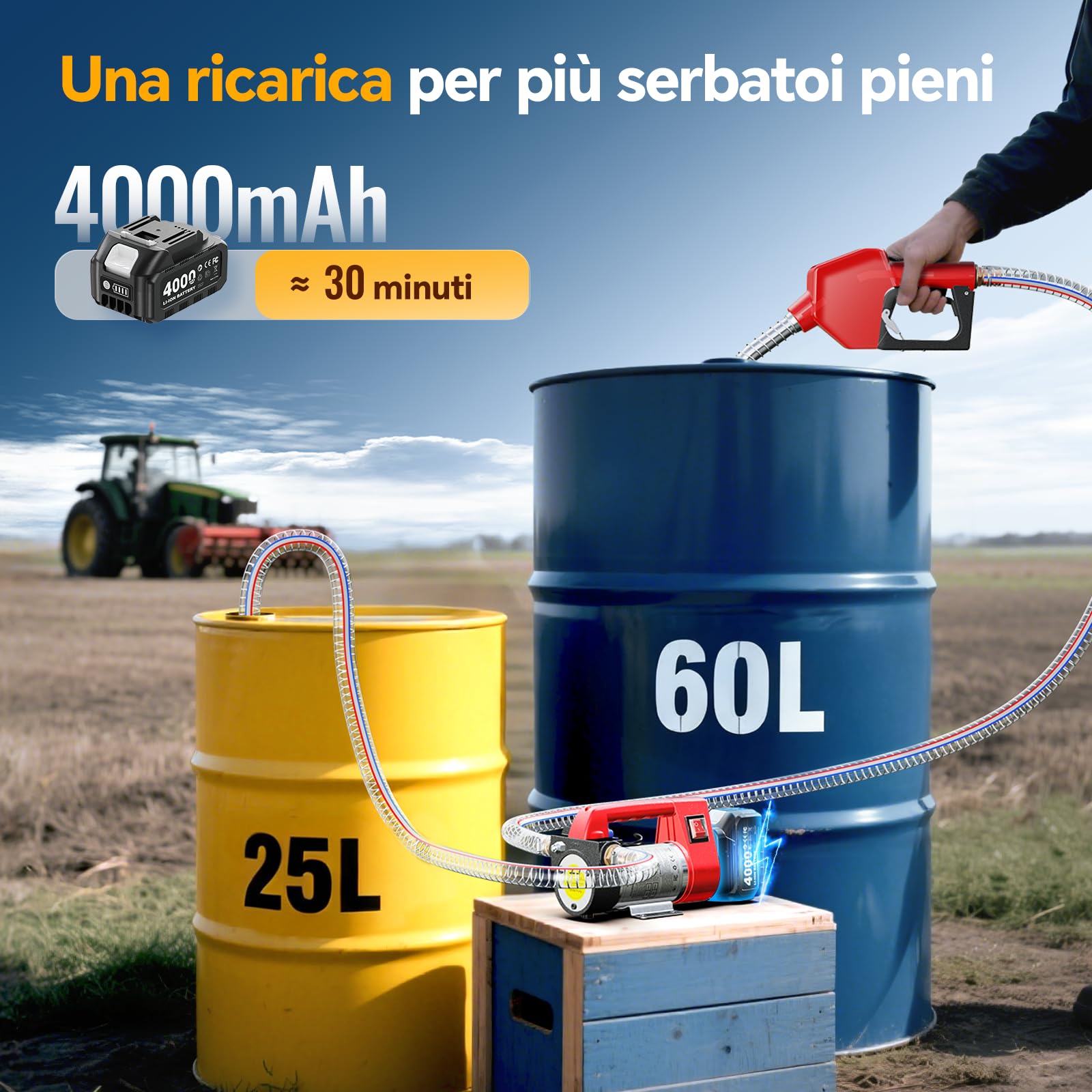 Pompa Travaso Carburante Automatica Portatile A Batteria - Per Gasolio, Benzina, Acqua, Con Arresto Automatico