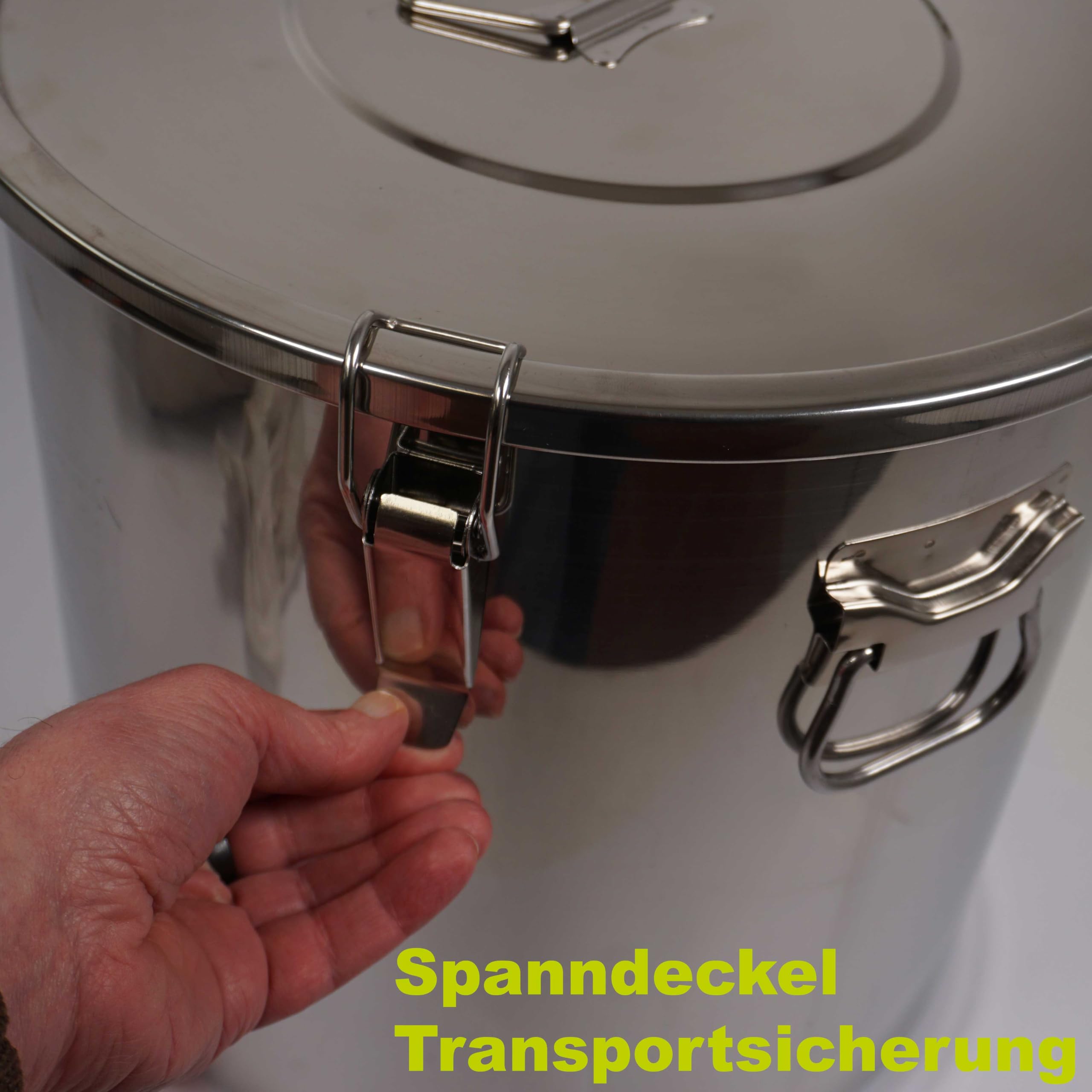 Fischer Edelstahl Honigabfüllkübel 30 Liter mit Quetschhahn und Spanndeckel | mit Edelstahl-Deckel, Spannverschluss und Honigquetschhahn , lebensmittelecht, für Honig , Küchen-, Gastro-oder Futter-Eimer