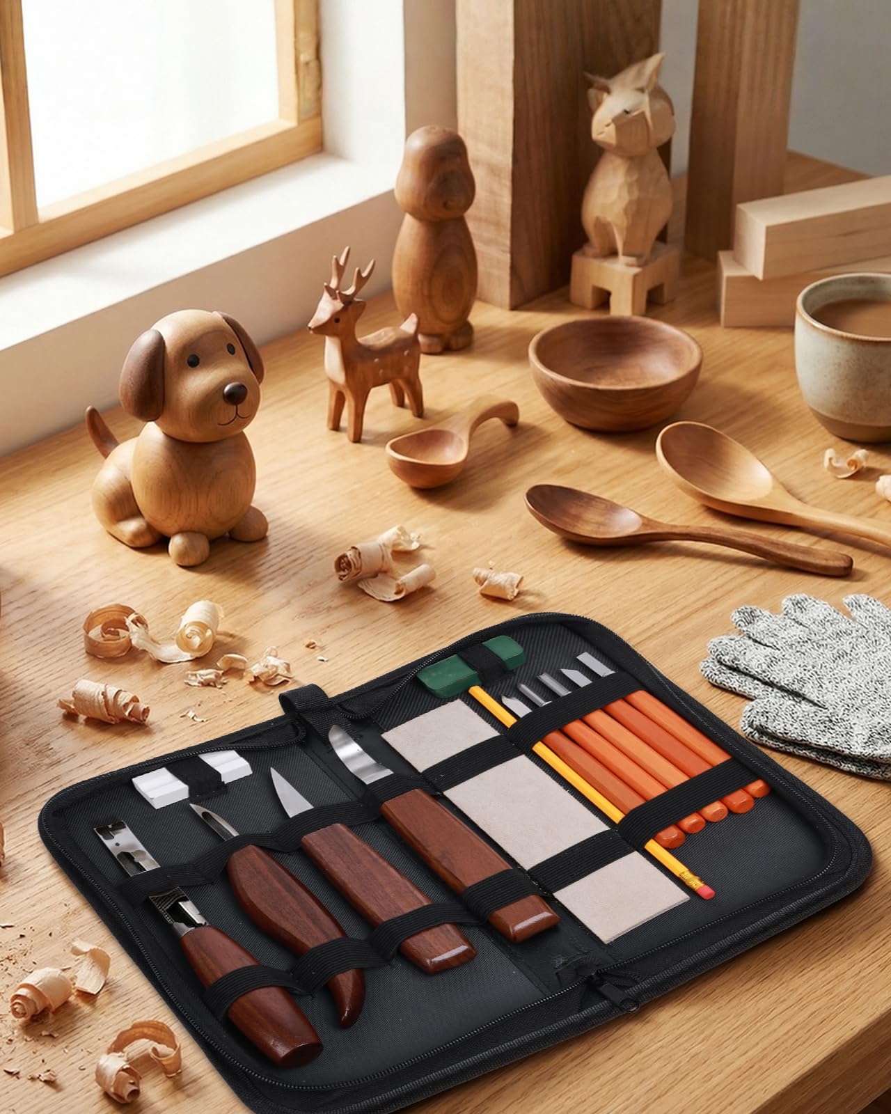 Kit Intaglio Legno, 23PCS Set di Utensili da Intaglio in Legno, include 9 strumenti da Intaglio e 4 blocchi e guanti per Adulti Bambini e Principianti