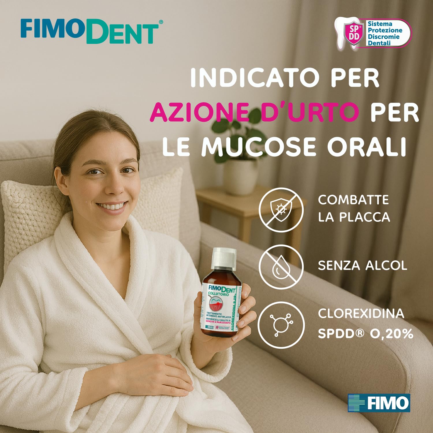 Fimodent Collutorio - Clorexidina 0.20% con SPDD (Sistema Protezione Discromie Dentali) e gradevole gusto menta - Trattamento antiplacca e antibatterico intensivo - 200ml