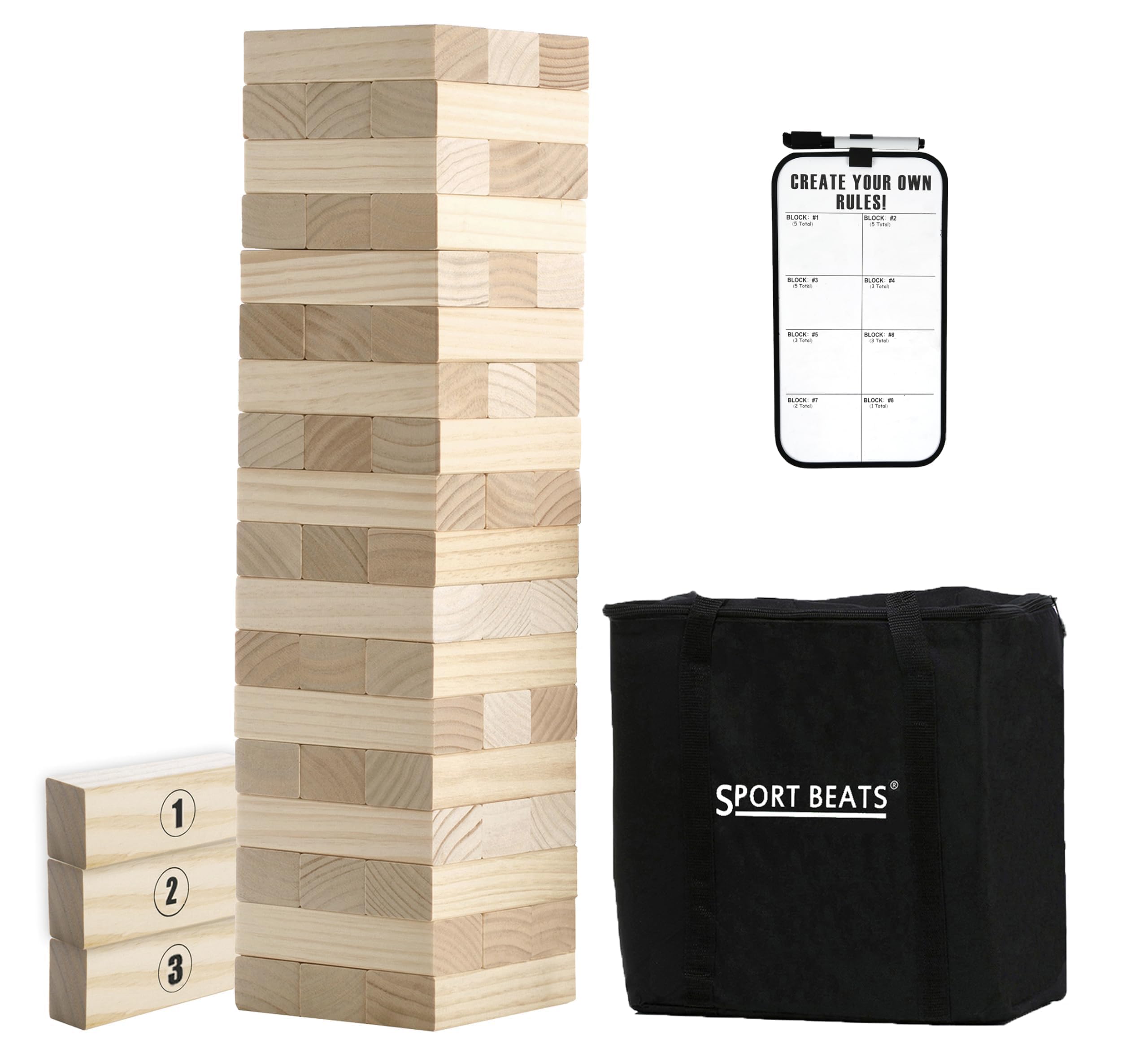 Großer Tumbling Timbers Lebensgroßer Trommelturm aus Holz, stapelbare Spiele, Hof, Outdoor-Spiele für Erwachsene und Familie, Rasenspiele – inklusive Regeln und Tragetasche, 54 Stück Premium-Holz