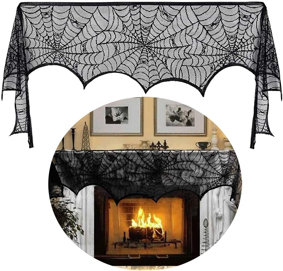 Halloween Cobweb Fireplace Decoration, Spiderweb Tablecloth Black Lace Spider Net (18 x 96 inch)