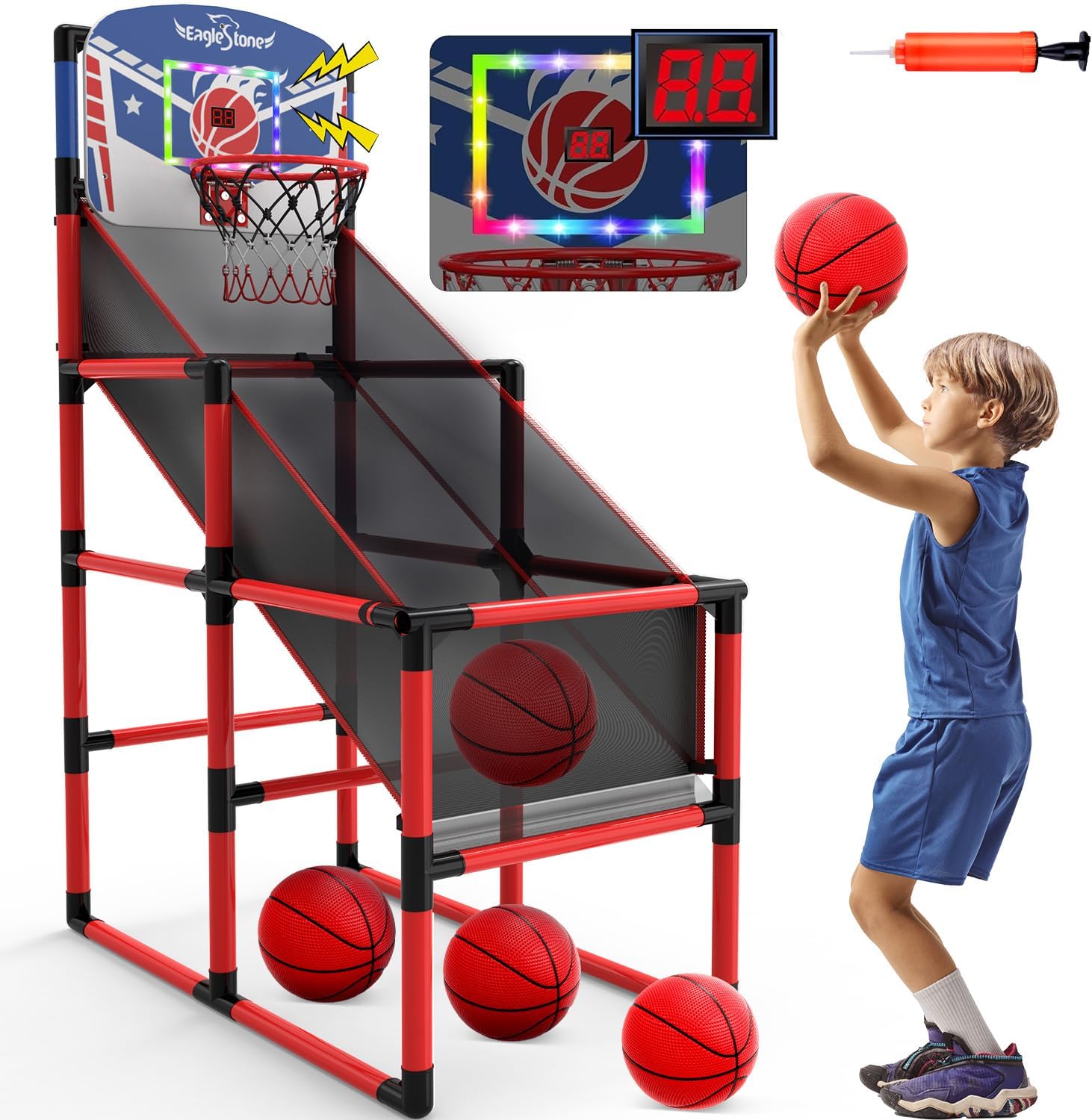 EagleStone 63IN Kids Arcade Basketball Hoop Indoor, LED Scoreboard Basketball Arcade Game Set for Outdoor with Cheer Sounds, Kids Basketball Toys for Boys Girls Age 3-5 5-7 4-8