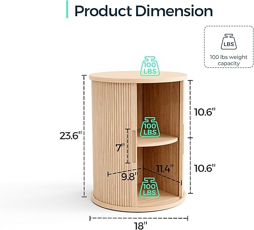 Miniatura 3 de LINSY HOME Mesa Final Redonda Acanalada, Mesa Lateral Alta con Puerta Tambour Deslizante y Estante de Almacenamiento, Mesa de Noche Moderna, Mesita