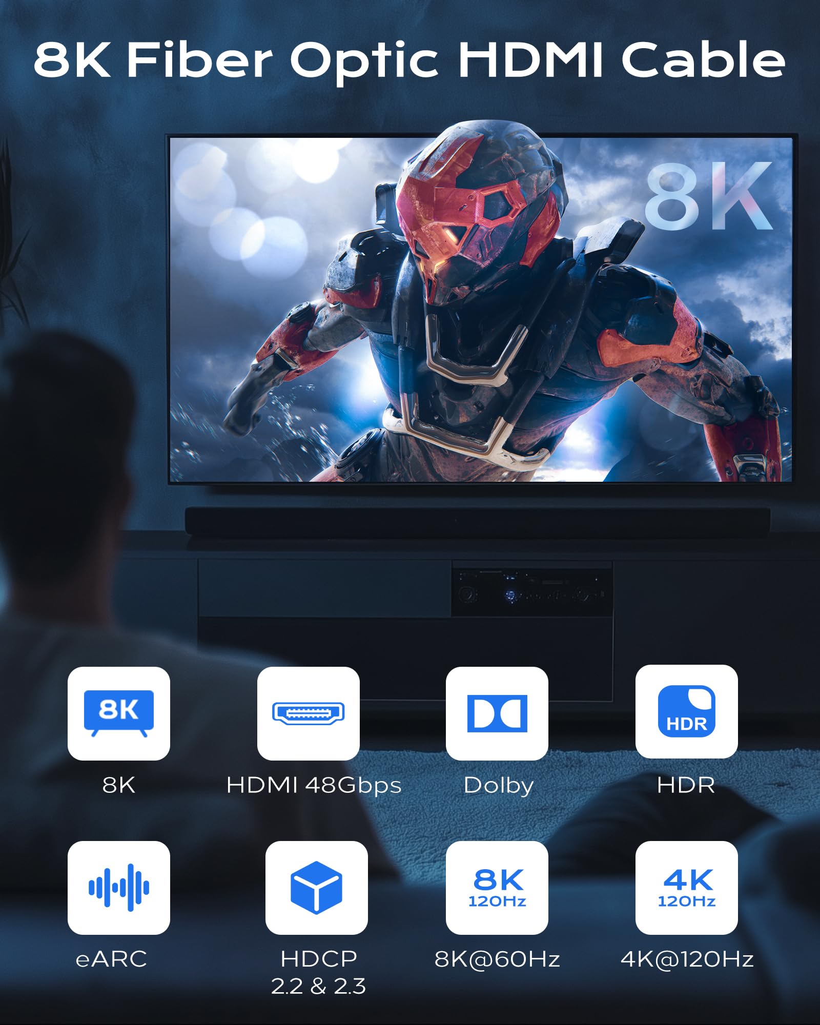 Cable HDMI de fibra óptica 8K de 50 pies, 48 Gbps, HDMI 2.1, cable HDMI de ultra alta velocidad, 8K 60Hz, 4K120Hz, HDCP 2.2 y 2.3, HDR10, compatible con monitor, proyector, HDTV