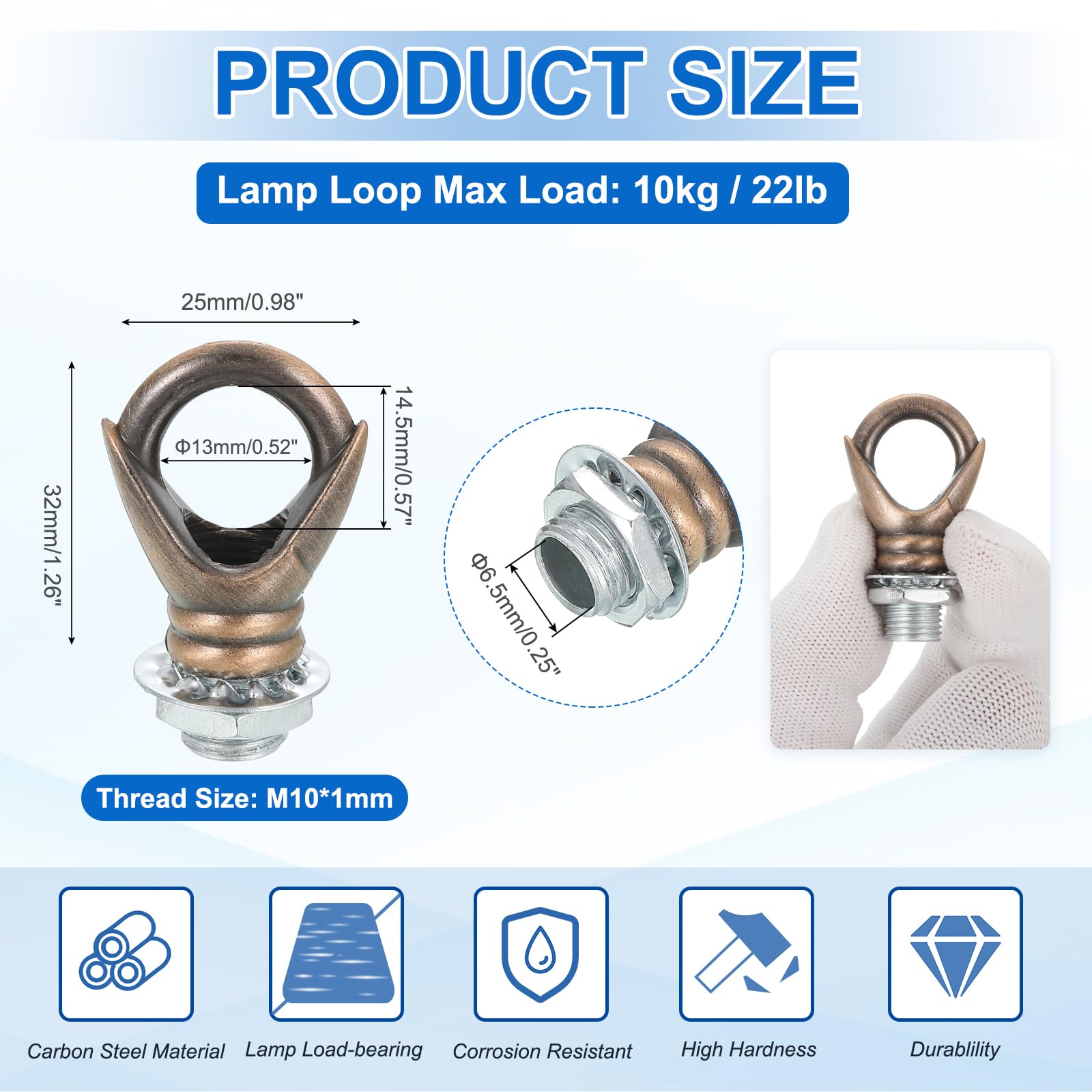 Dado A Occhiello M10 Per Lampadari In Lega Di Zinco – Carico Max 10 Kg, Confezione Da 2 Con Tubi E Rondelle