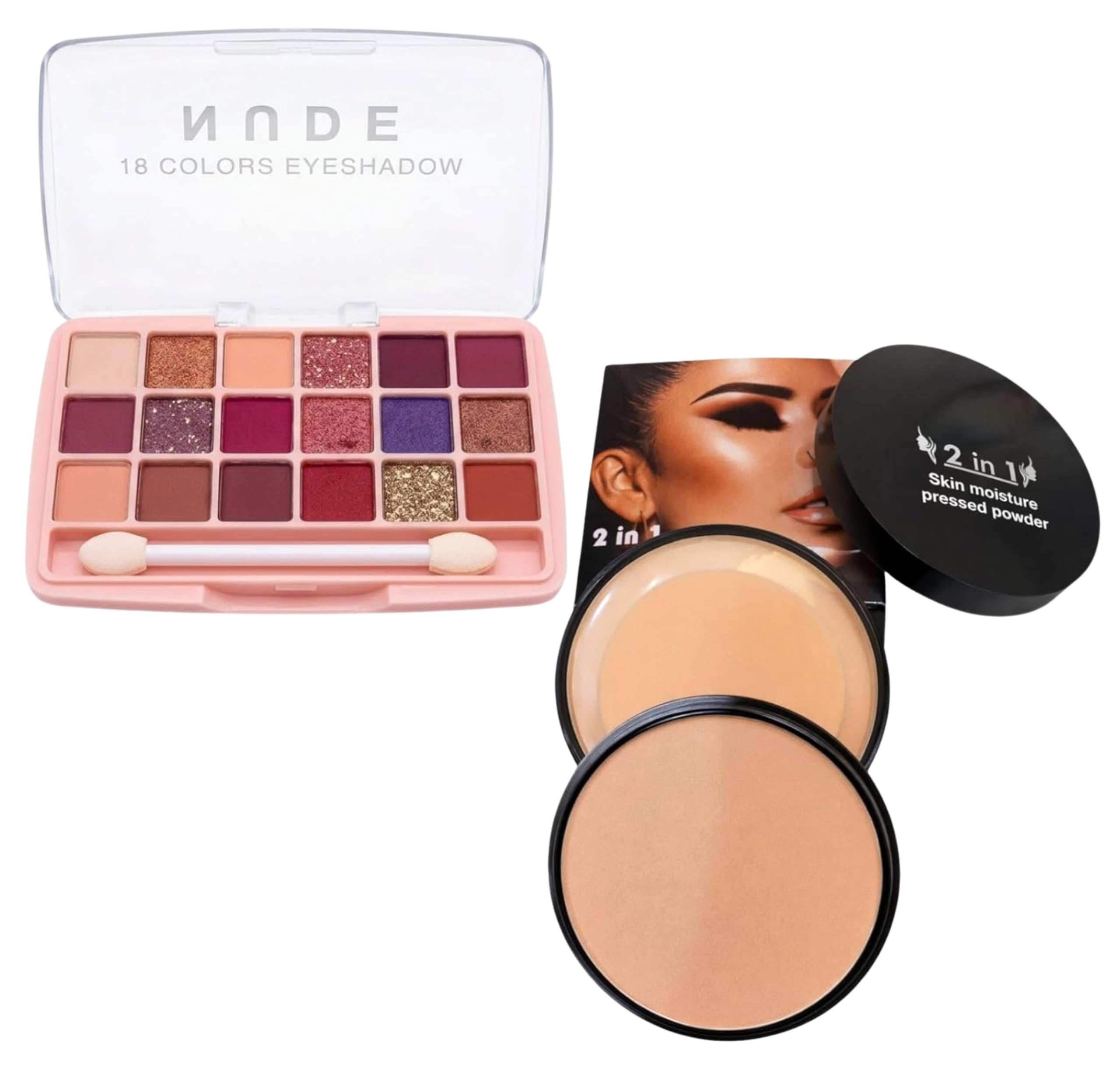 2-Piece Makeup Artistry Set – 18-Color Nude Eyeshadow Palette (Mattes, Shimmers & Glitters) with 2-in-1 Skin Moisture Pressed Powder (Dual-Layer Compact) – Complete Face & Eye Glamour Kit-image-42