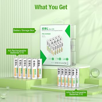 EBL AA AAA Battery Charger with Rechargeable Batteries Combo, AA 2800mAh (10 Pack) and AAA 1100mAh (10 Pack) High Capacity Precharged Ni-MH Rechargeable Batteries