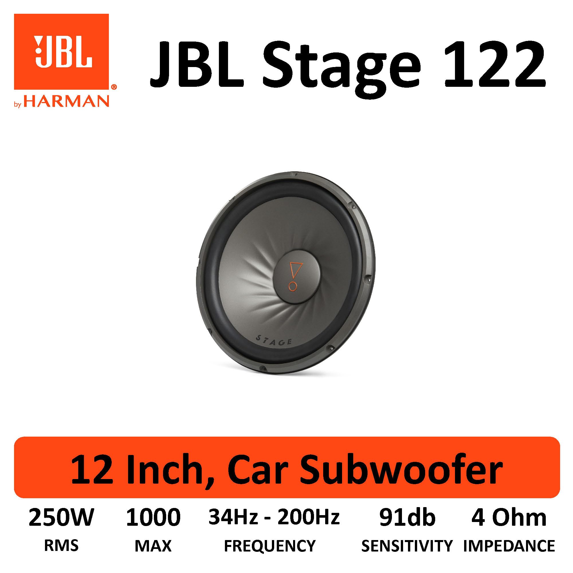 JBL Stage 122 12'' (30cm) Subwoofer, Noir | 250 W RMS / 1000 W crête, 91 dB, 4 Ohm, 34-200 Hz, cône polypropylène, suspension caoutchouc, bobine 50,8 mm, noir.