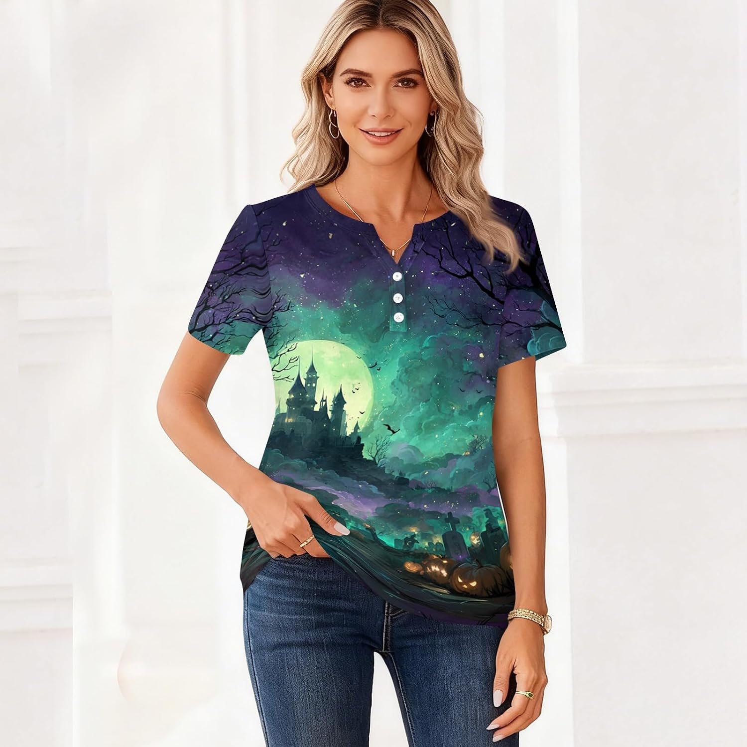 Women's Funny Halloween Graphic Tops, Short Sleeve Button V Neck Fall Casual Shirts, S-3XL