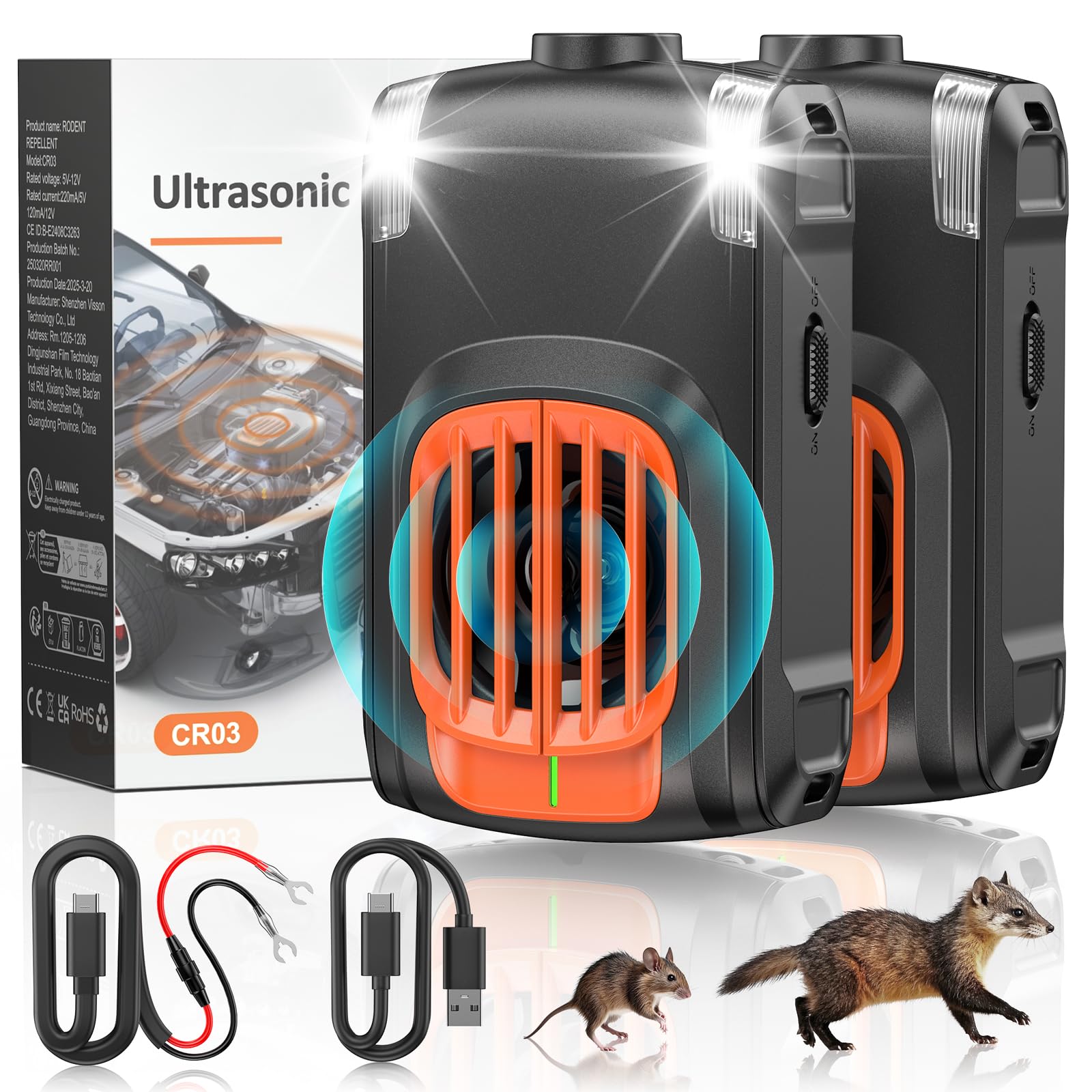 Marderschreck Auto, 2 Stück Ultraschall Mausabwehr, 12V Auto-Batterie Marderabwehr, Mäuseabschreckung mit Zwei Arten des Aufladens, Langfristiger Marderschutz im Motorraum