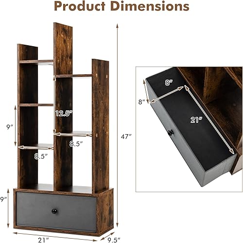 Miniatura 3 de LOKO Estantería rústica con cajón, estantería industrial de 3 estantes con dispositivo anti-caída y 7 compartimentos abiertos, estante de madera
