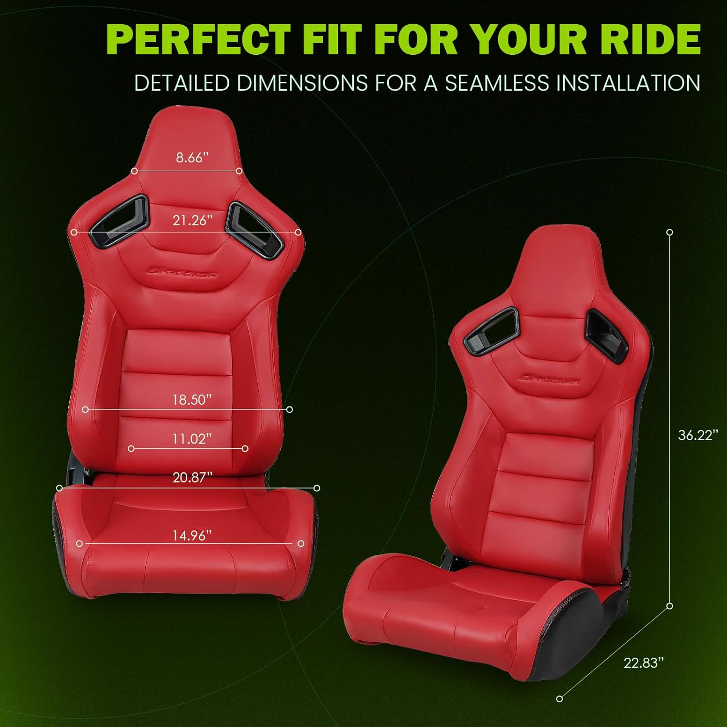 Universal Pairs of Racing Seat with Dual Sliders, PU Leather Front+Carbon Leather Back Reclinable Bucket Seat, Red w/LOGO