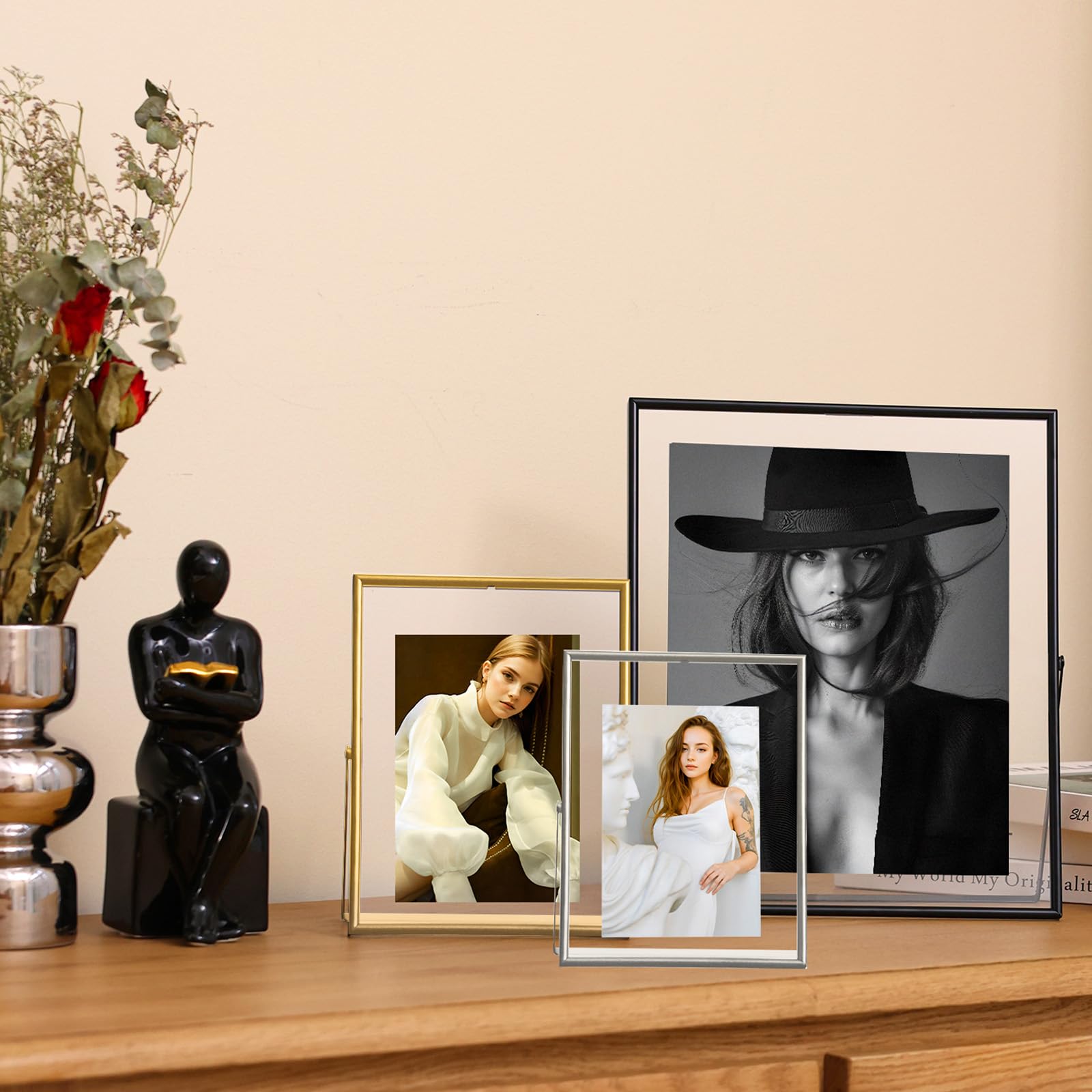 Lot de 2 cadres photo flottants noirs de 12,7 x 17,8 cm, en métal et verre, pour photo de 10,2 x 15,2 cm, 8,9 x 12,7 cm, support mural ou étagère de table, cadeau pour festival, mariage,