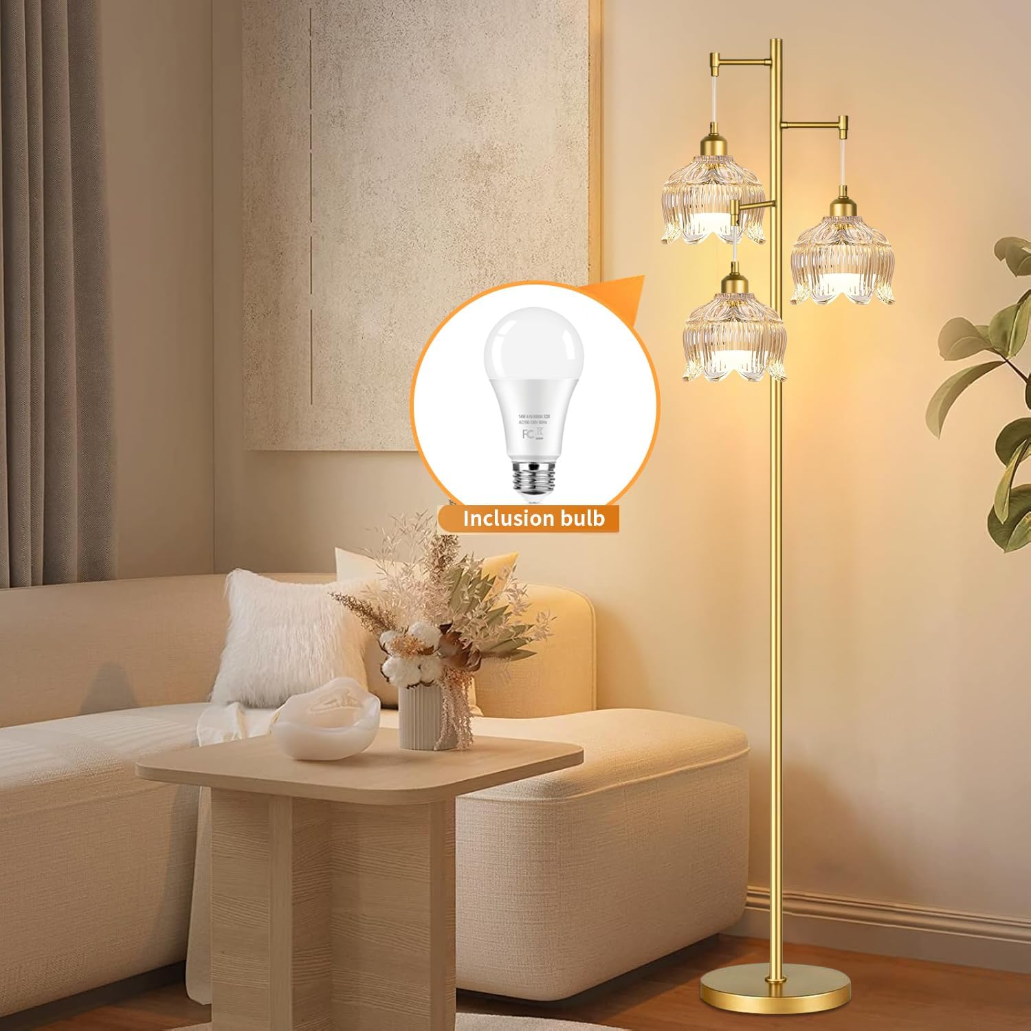 Gold Floor Lamps for Living Room Bedroom-3 Light Glass Floor Lamp with Three Led Bulb,Mid Century Standing Lamp Vintage Brass Tall Lamp Tree Floor Lamp for Bedroom Corner