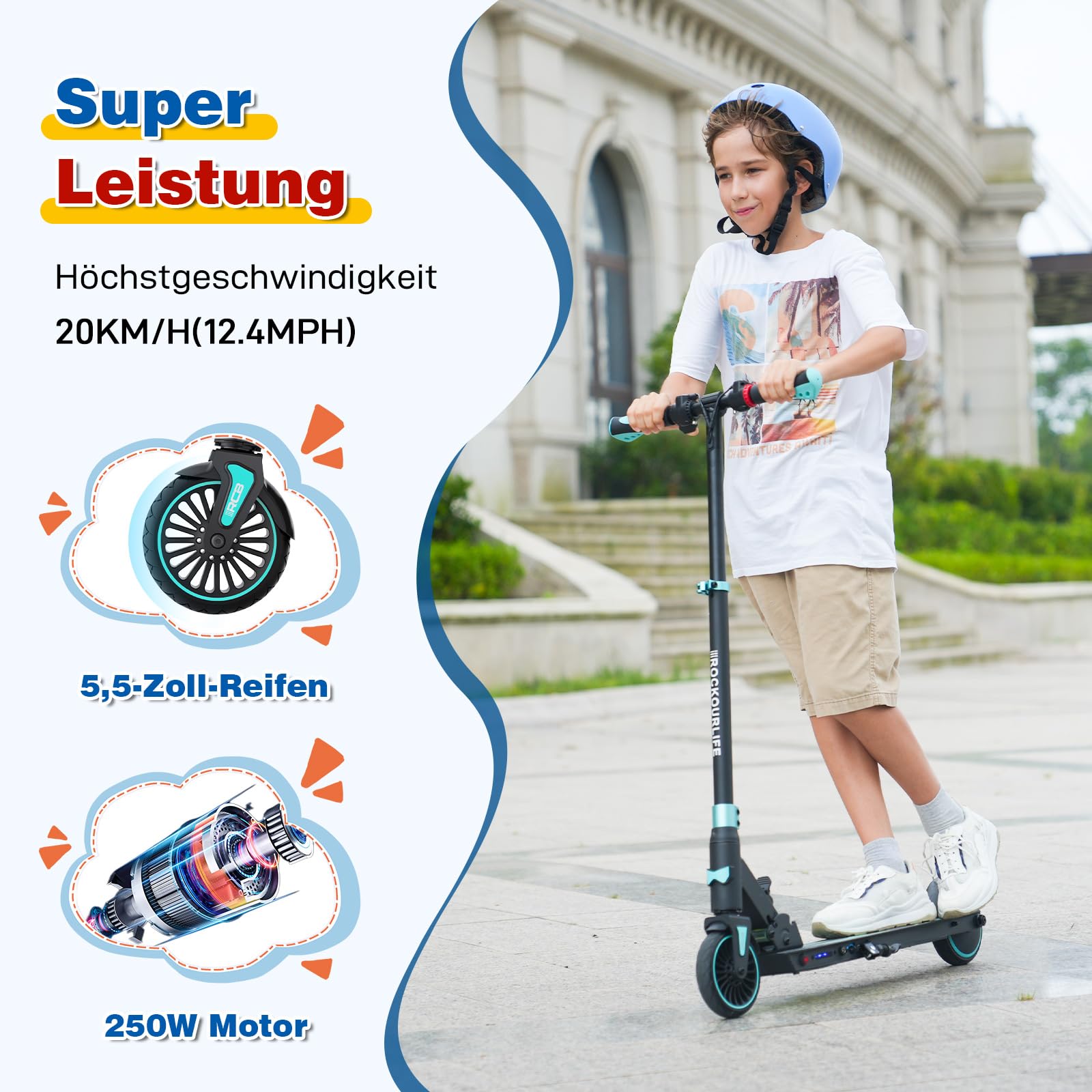 RCB TECH E-Scooter Kinder (8-12-16 Jahre) - Faltbarer Elektroroller für Kinder - Max Reichweite 16 KM - Max. 20 KM/H - Geschenk für Kinder und Jugendliche