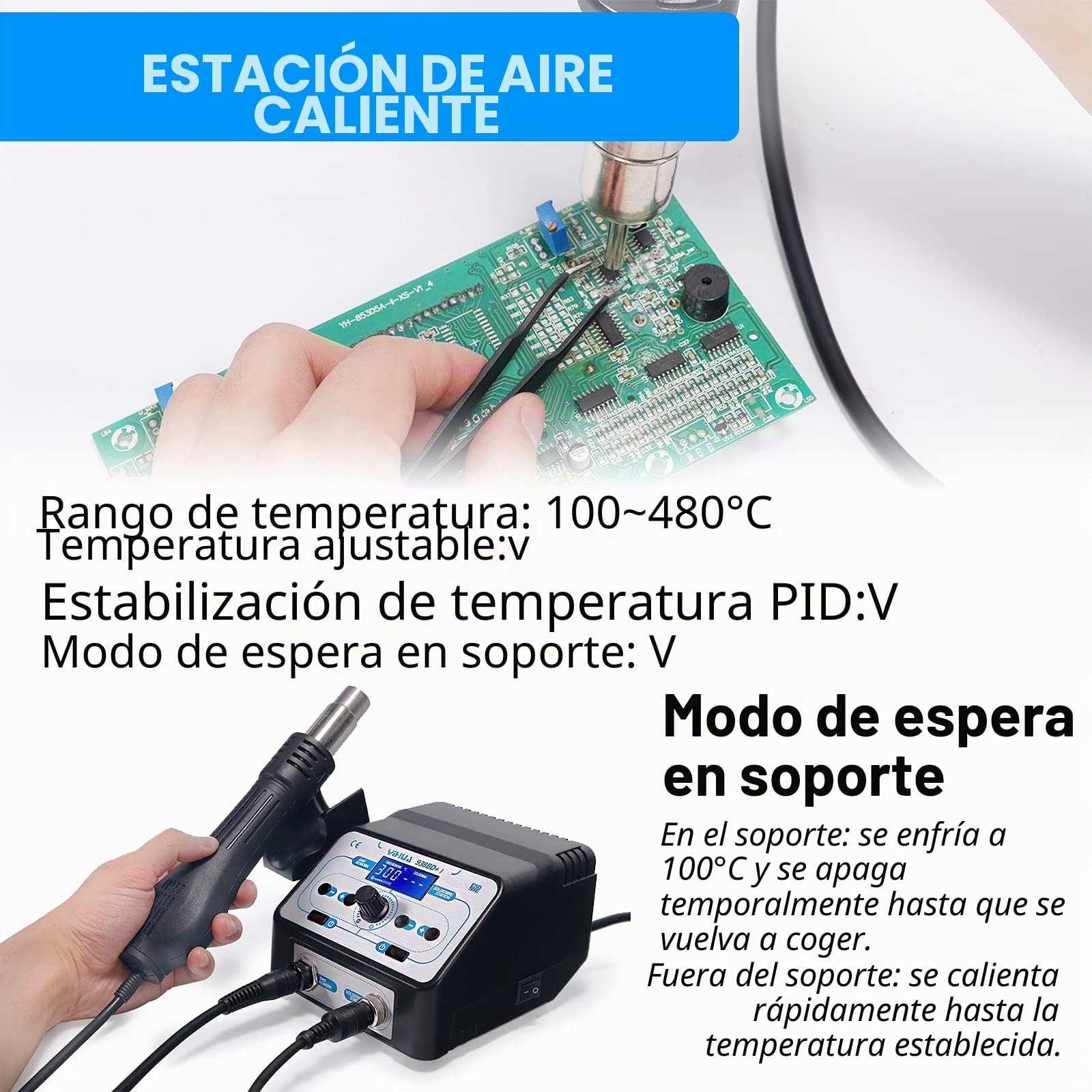 YIHUA 938BD + I Estación de soldadura y estación de retrabajo de aire caliente 2 en 1 con temperatura ajustable Inicio/parada de aire caliente Modo de suspensión Pantalla LCD