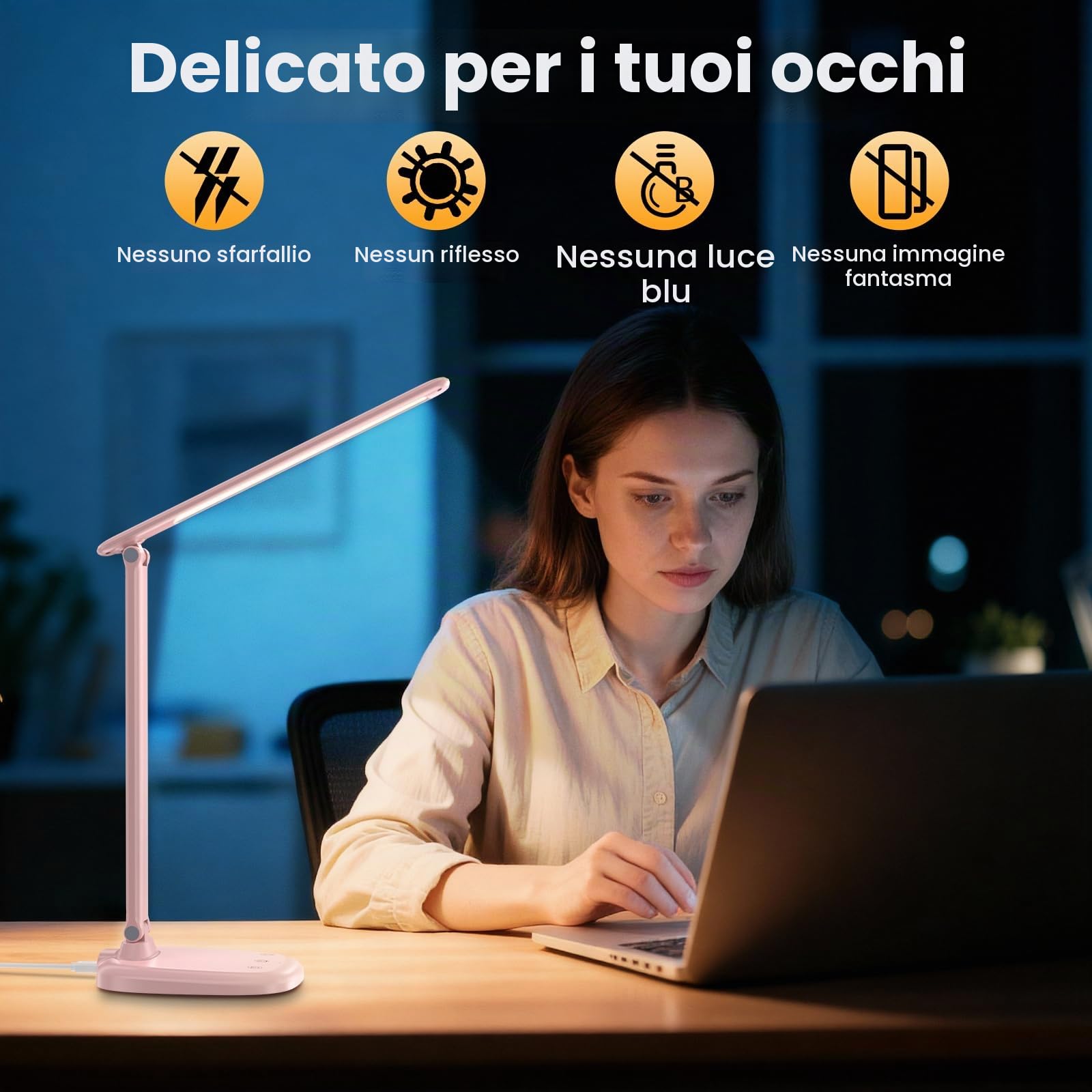 Lampada da Scrivania, Lampada da Tavolo Pieghevole con Batteria Integrata e Spina, 5 Temperature Colore e Regolazione Continua, Timer/Tattile/Memoria, Lampada LED Occhi per Casa e Ufficio, Rosa