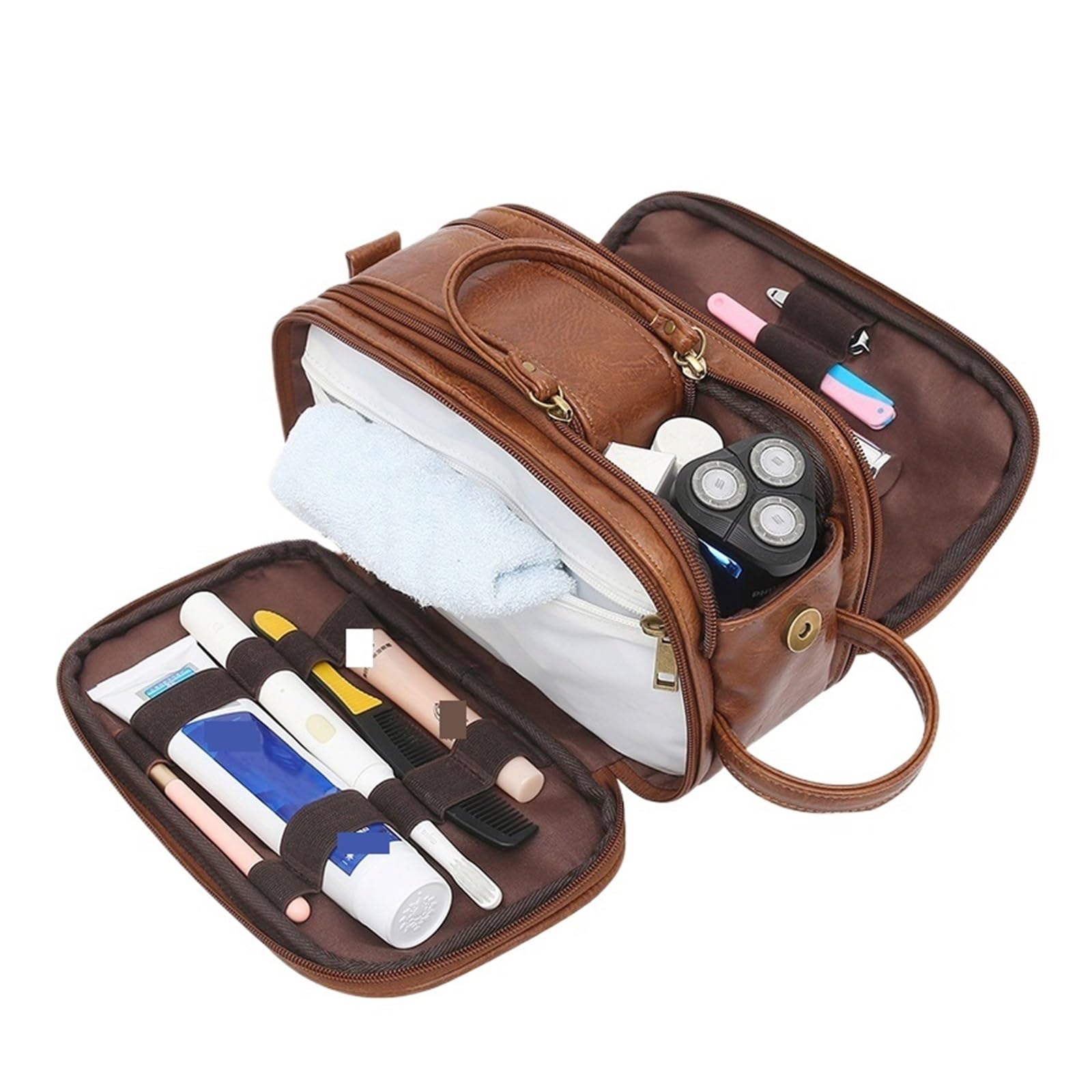Neceser de Cuero Business Water-Resistant Toiletry Bag For Men Travel Wash Shaving Dopp Kit Bathroom Makeup Organizer with Wet Dry(Color 2)
