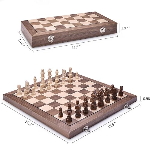 Miniatura 6 de AMEROUS Juego de ajedrez magnético de madera de 15 pulgadas con 2 reinas adicionalestablero plegablepiezas de ajedrez ranuras de