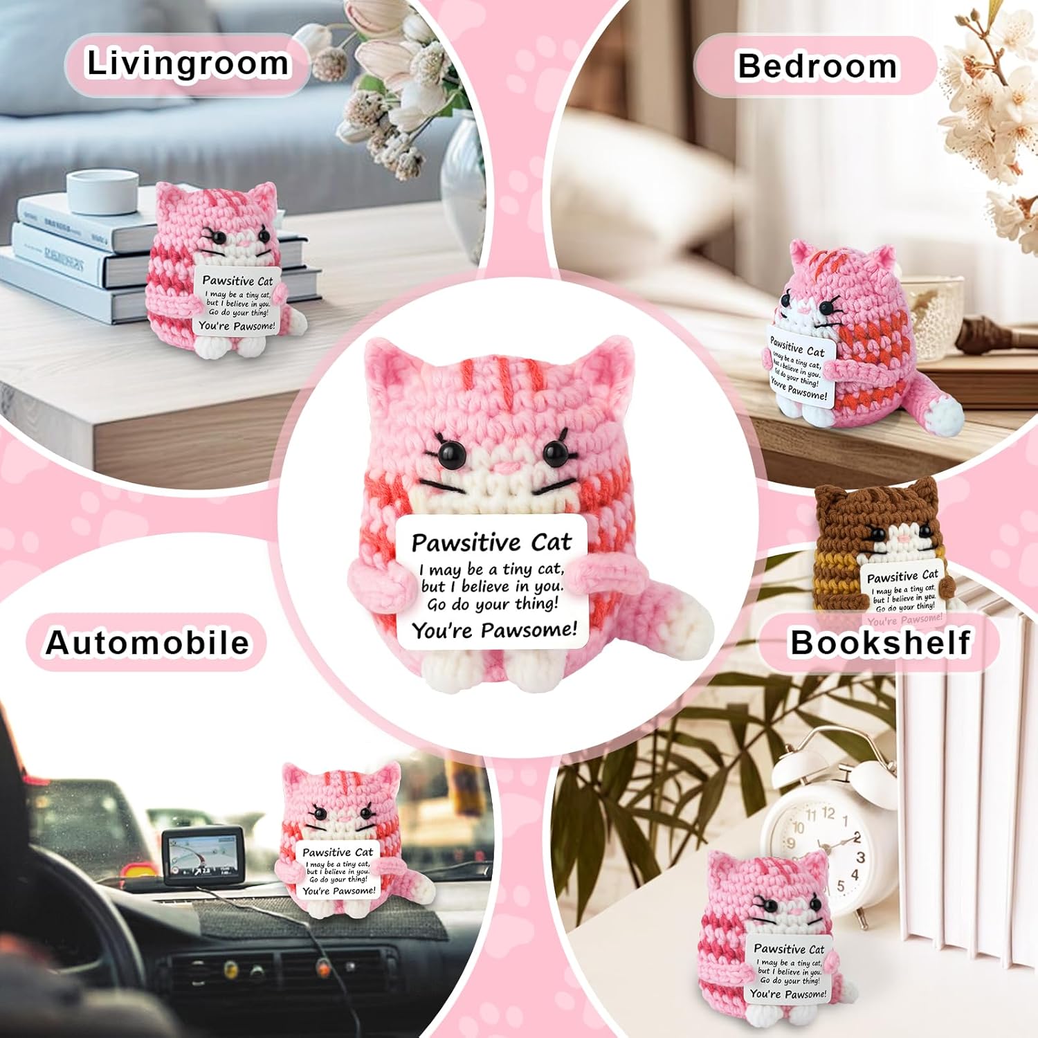 Positive Crochet Cat Mini Animal Emotional Cheer Up Support Gifts, Inspirational Crochet Handmade Kitten for Women Men Friends Mom Daughter Son Teen Birthday Mothers Day Decor Graduation Gift (Pink)