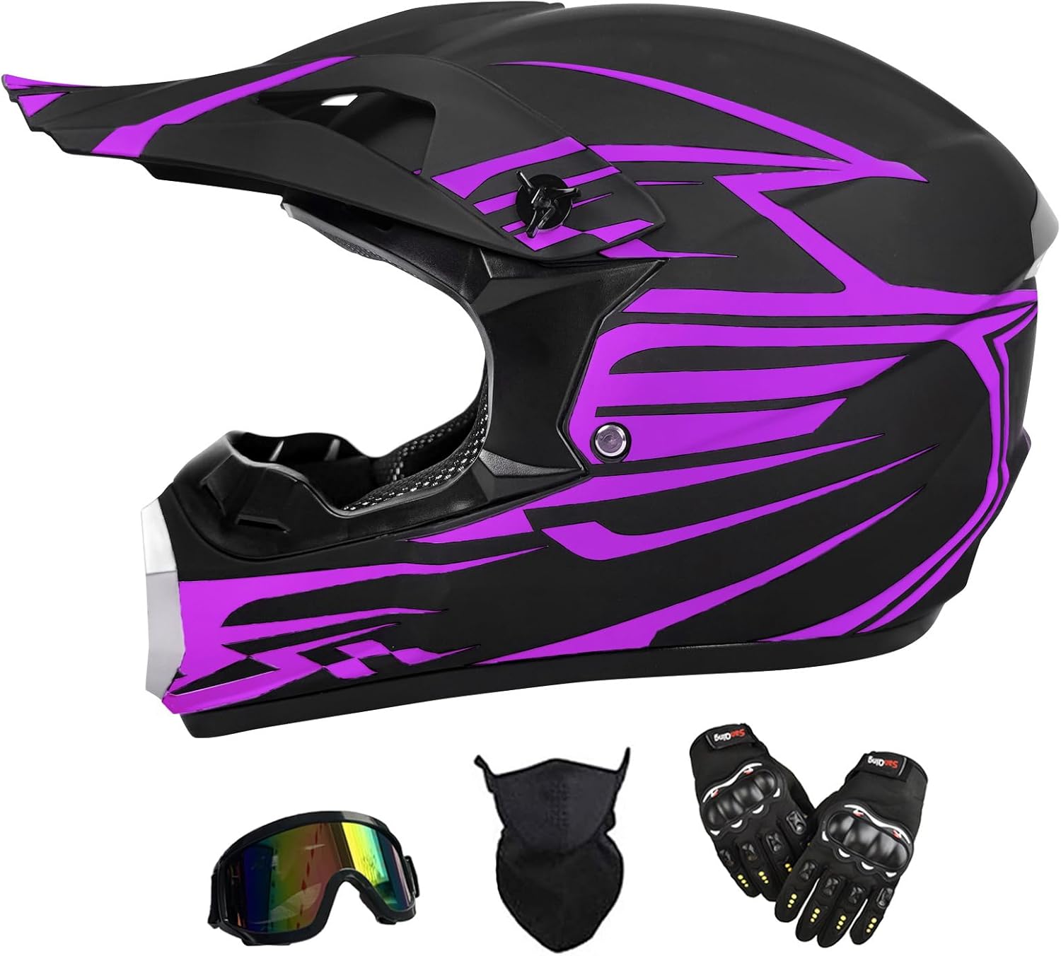 youth dirt bike helmet,atv helmet motorcycle helmets ,unisex offroad helmets with gloves goggle face shield,full face helmets dot approved black purple large