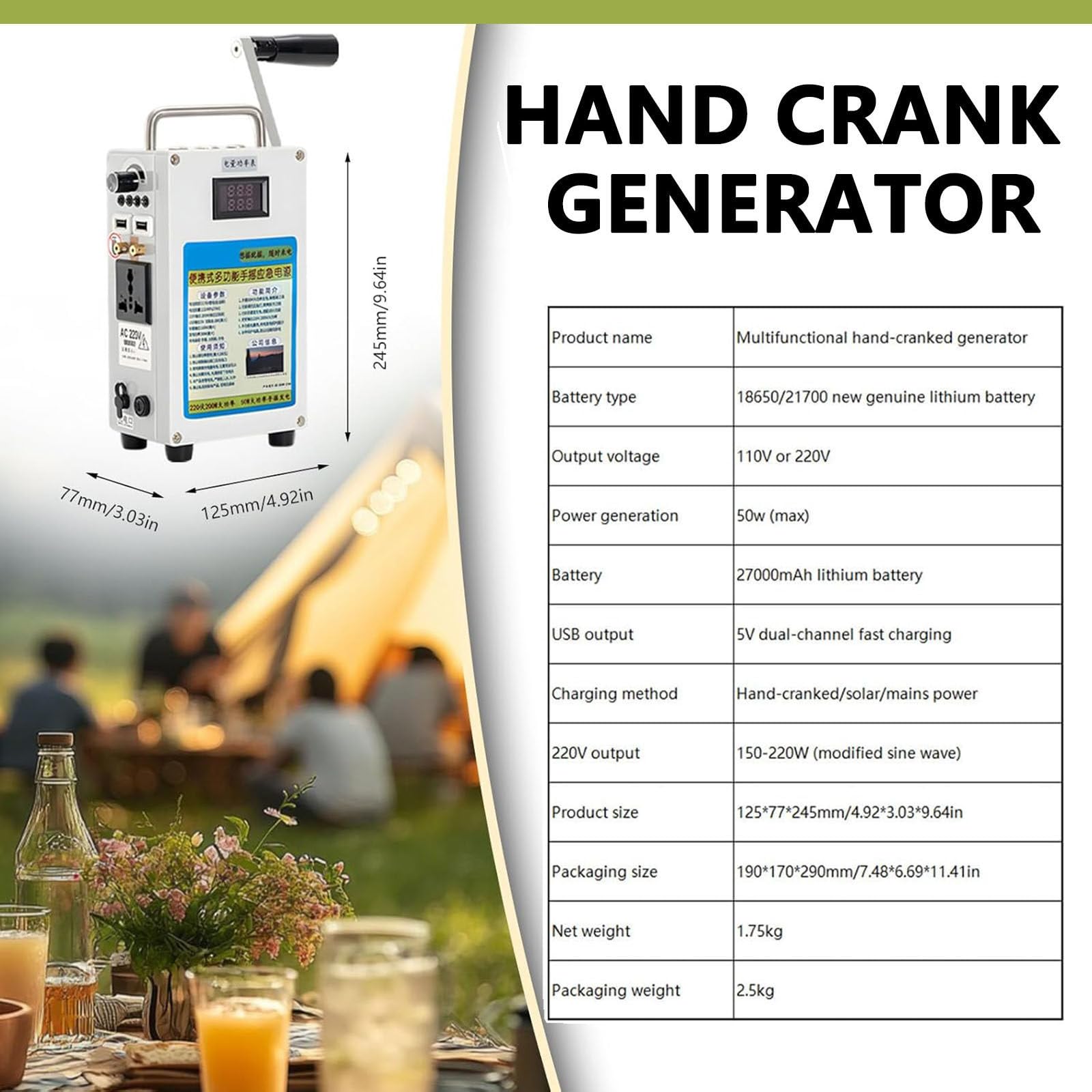 Generador Portátil para Generador de Manivela, DC 220 V Estación de Energía Portátil para Cargador de Manivela Dinamo Generador para Acampar Generador de Emergencia al Aire Libre