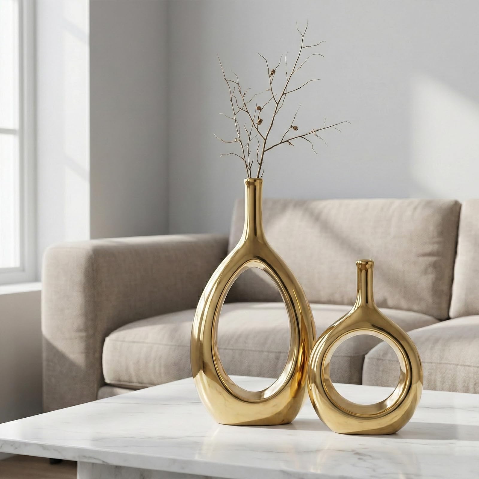 Set di 2 Vasi Moderni Decorativi in Ceramica Placcato Oro, Vaso Dorato con Design Aperto Centrale, Centrotavola Elegante per Soggiorno, Sala da Pranzo, Camera da Letto e Ingresso - Altezza 30.5 cm