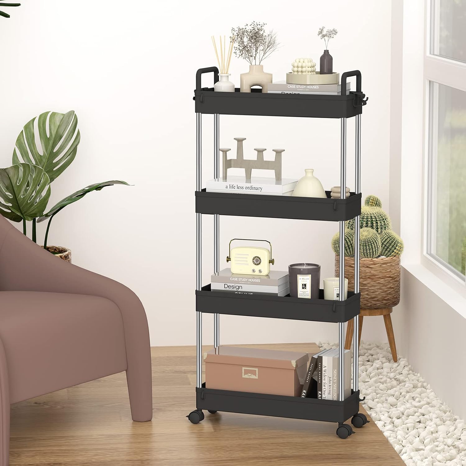 Ronlap 4 Tier Skinny Storage Rolling Cart, Thin Storage Cart with Wheels Slide Out Storage Rolling Cart Organizer Plastic Utility Carts for Bathroom Laundry Room Kitchen Office Narrow Place, Black