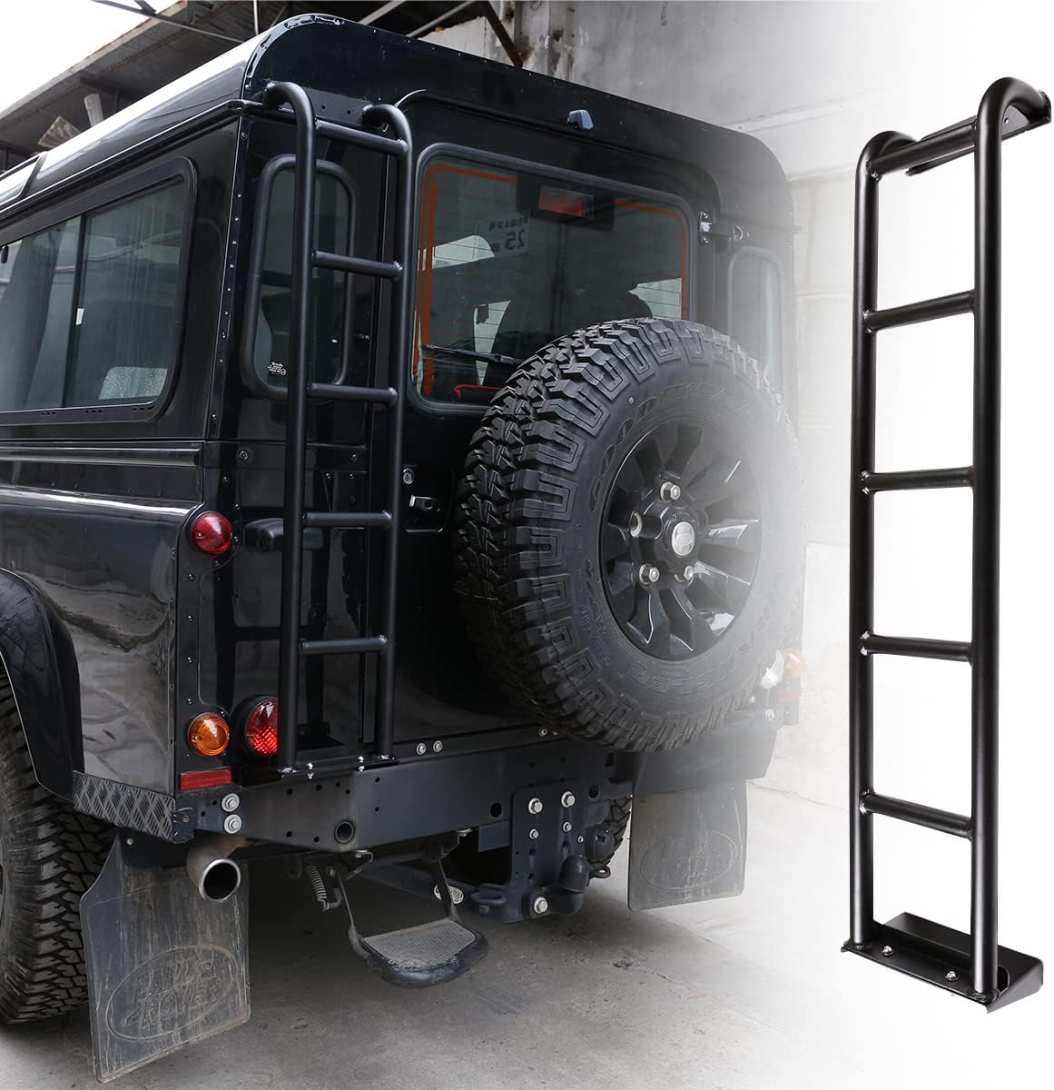 PIUGILH Rear Roof Rack Access Expedition Type Aluminium Ladder in Black Color Compatible with Land Rover Defender 90 110 2004-2019
