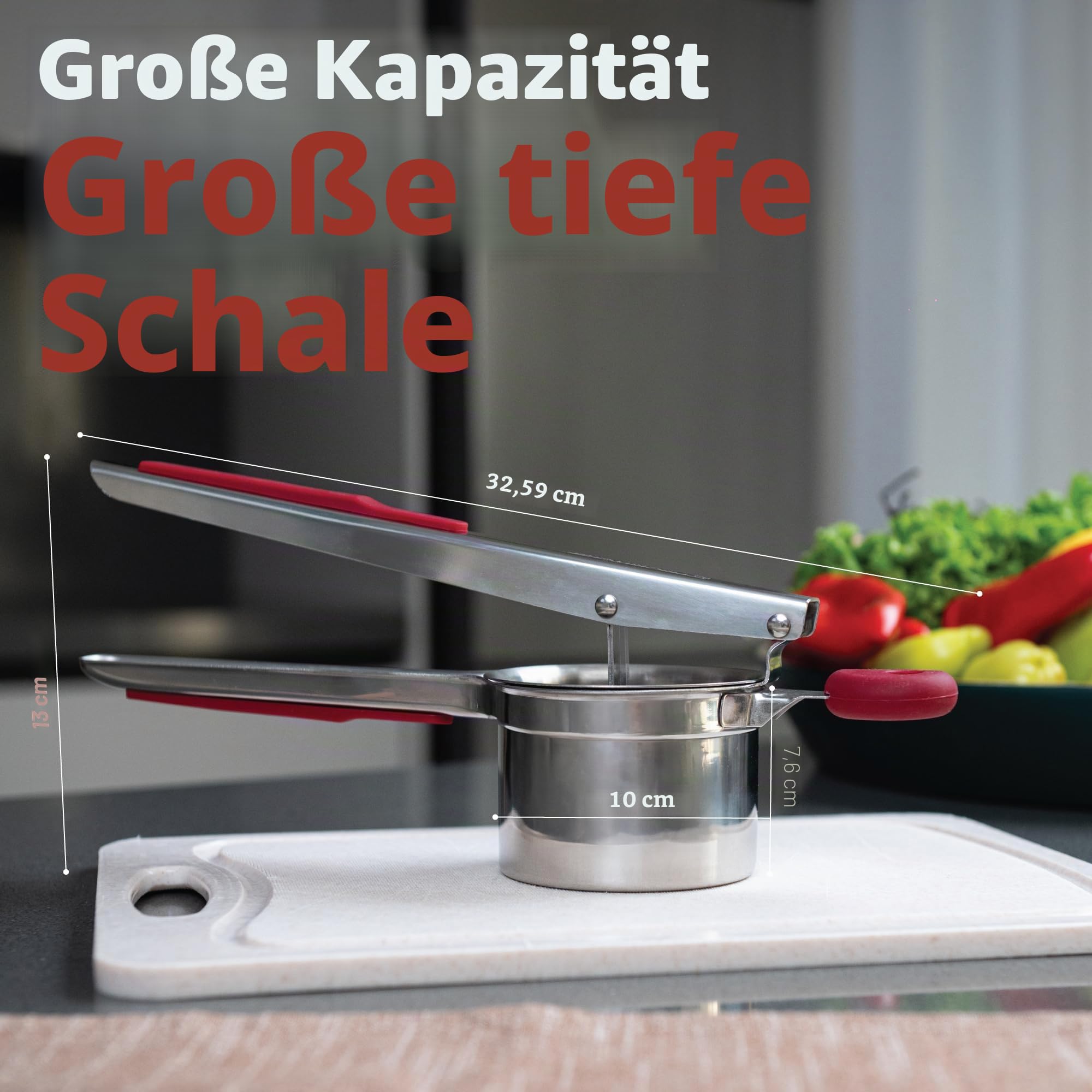 PriorityChef Große Kartoffelpresse mit 3 Scheiben, robuste Edelstahl-Kartoffelpresse für Kartoffelpüree, Kartoffelstampfer, Presse und Presse, Küchenwerkzeug, Rot